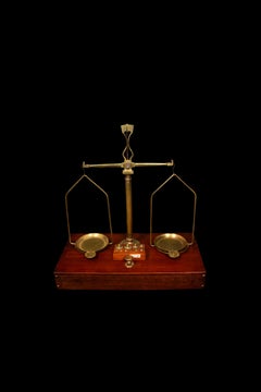 Elegant French Late 19th to Early 20th C. Brass Balance Scale on Wooden Base