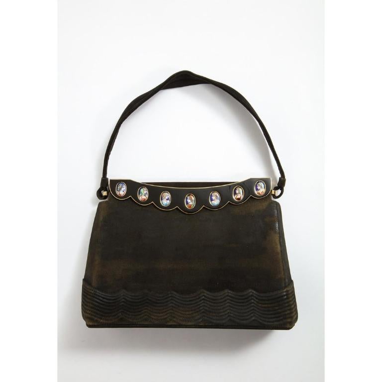 An elegant vintage French Limoges enamel and black suede purse handbag, by George Baring, 1950s.  

Made in France for George Baring, Paris - New York.  

With seven hand painted Limoges enameled portrait cameos of noblewoman. The clasp signed G.