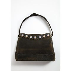 Elegant French Limoges Enamel and Black Suede Purse Handbag, George Baring, 1950