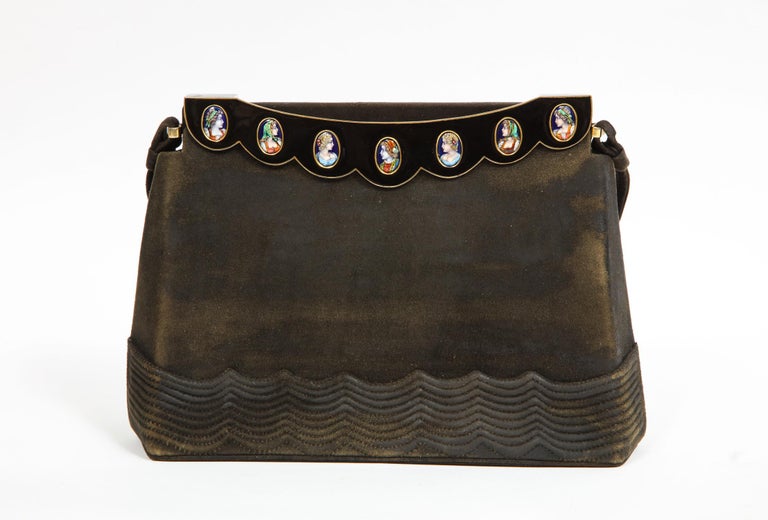 Elegant French Limoges Enamel and Black Suede Purse Handbag, George Baring, 1950 For Sale at 1stdibs