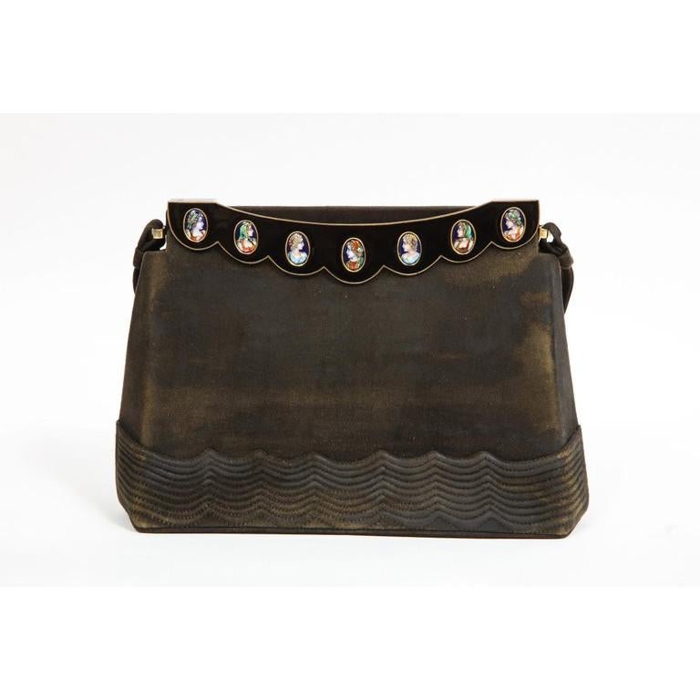 Elegant French Limoges Enamel and Black Suede Purse Handbag, George Baring, 1950 In Good Condition In New York, NY