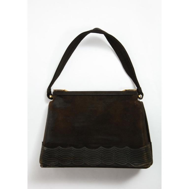 Women's or Men's Elegant French Limoges Enamel and Black Suede Purse Handbag, George Baring, 1950