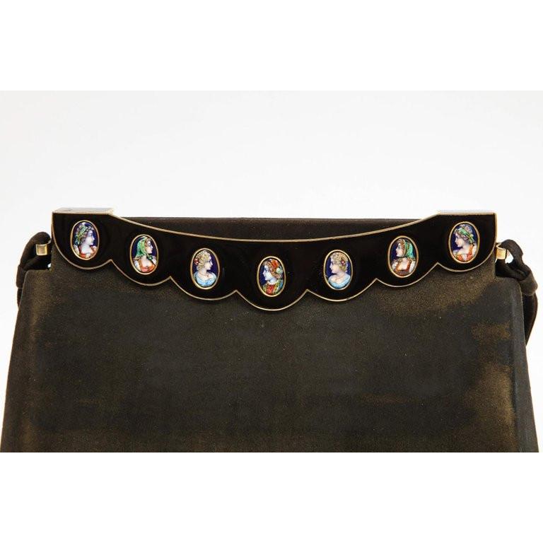 Elegant French Limoges Enamel and Black Suede Purse Handbag, George Baring, 1950 1