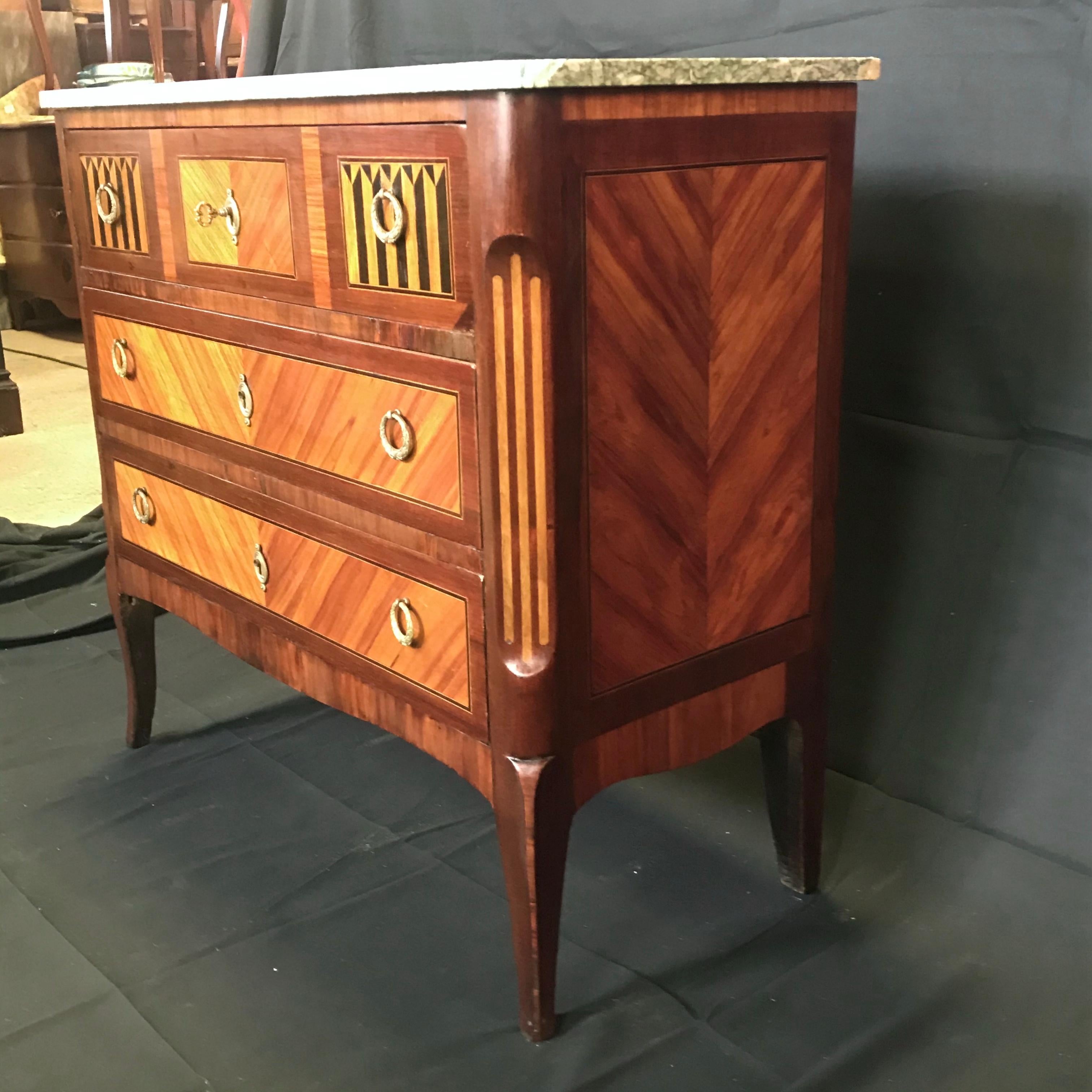 Elegant French Louis XVI Style Marquetry Inlaid Petite Commode In Excellent Condition In Hopewell, NJ