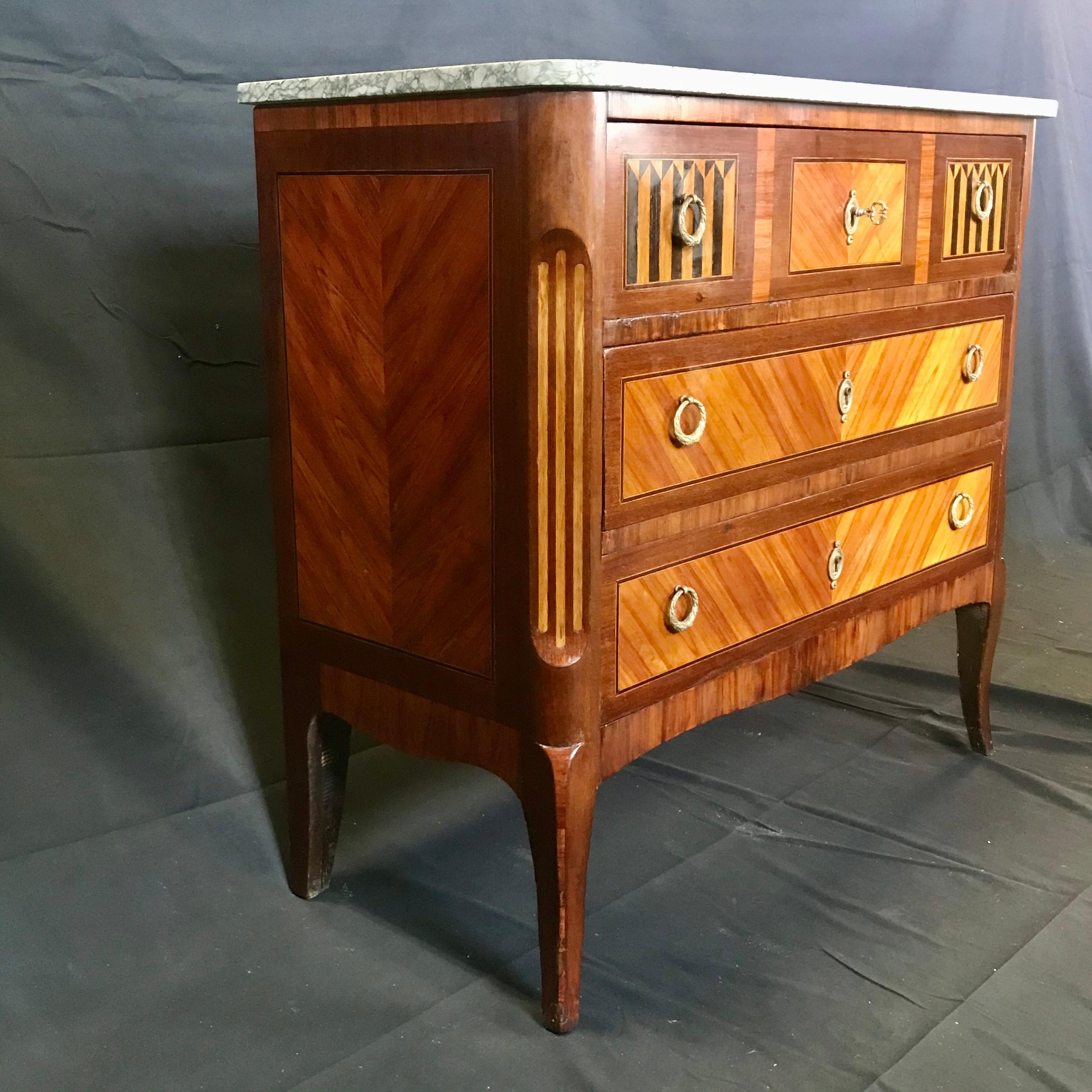 Elegant French Louis XVI Style Marquetry Inlaid Petite Commode 1