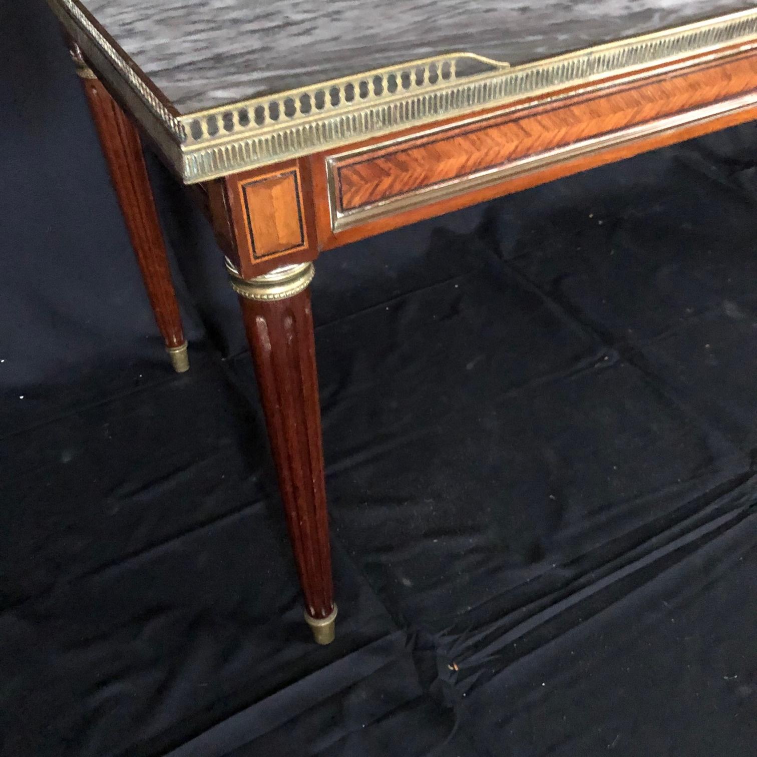 Elegant French Louis XVI Walnut Marble Top Coffee Table 6