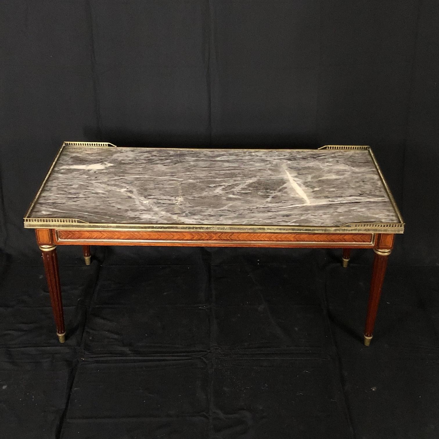 Elegant French Louis XVI Walnut Marble Top Coffee Table 7