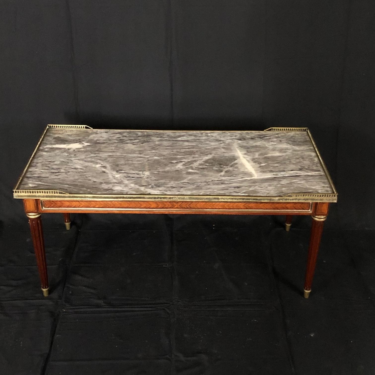 Elegant French Louis XVI Walnut Marble Top Coffee Table 8