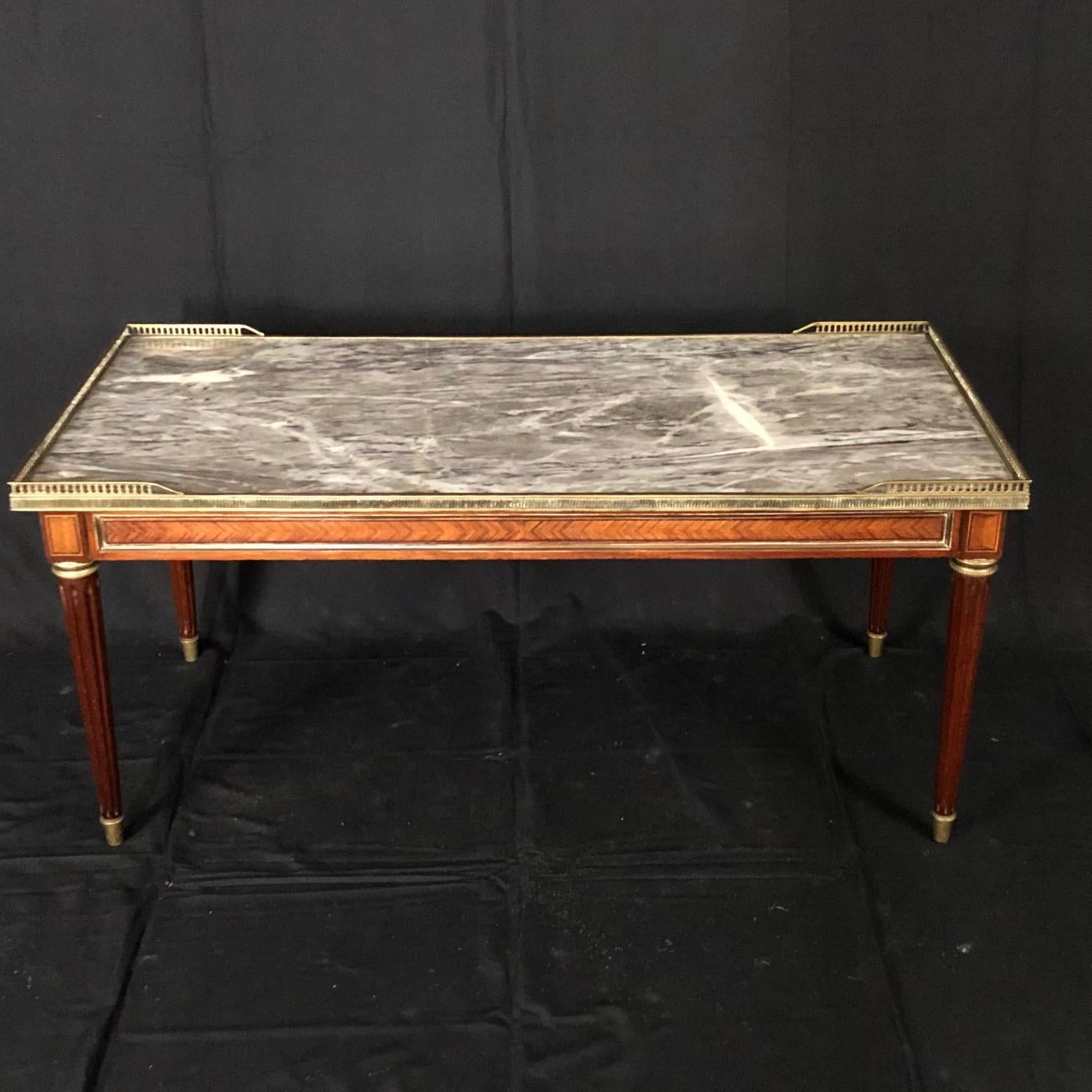 Elegant French Louis XVI Walnut Marble Top Coffee Table 9