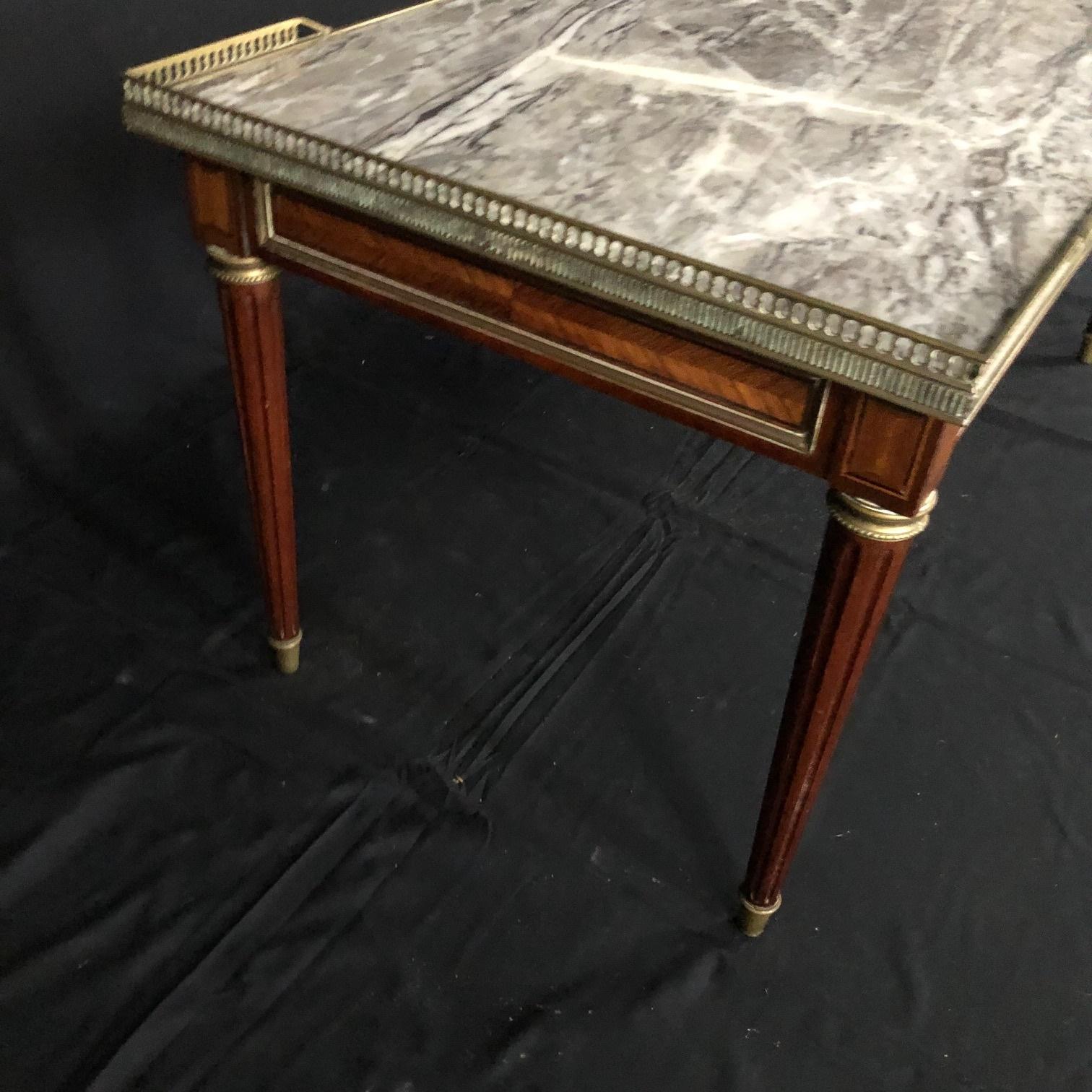 Elegant French Louis XVI Walnut Marble Top Coffee Table 10
