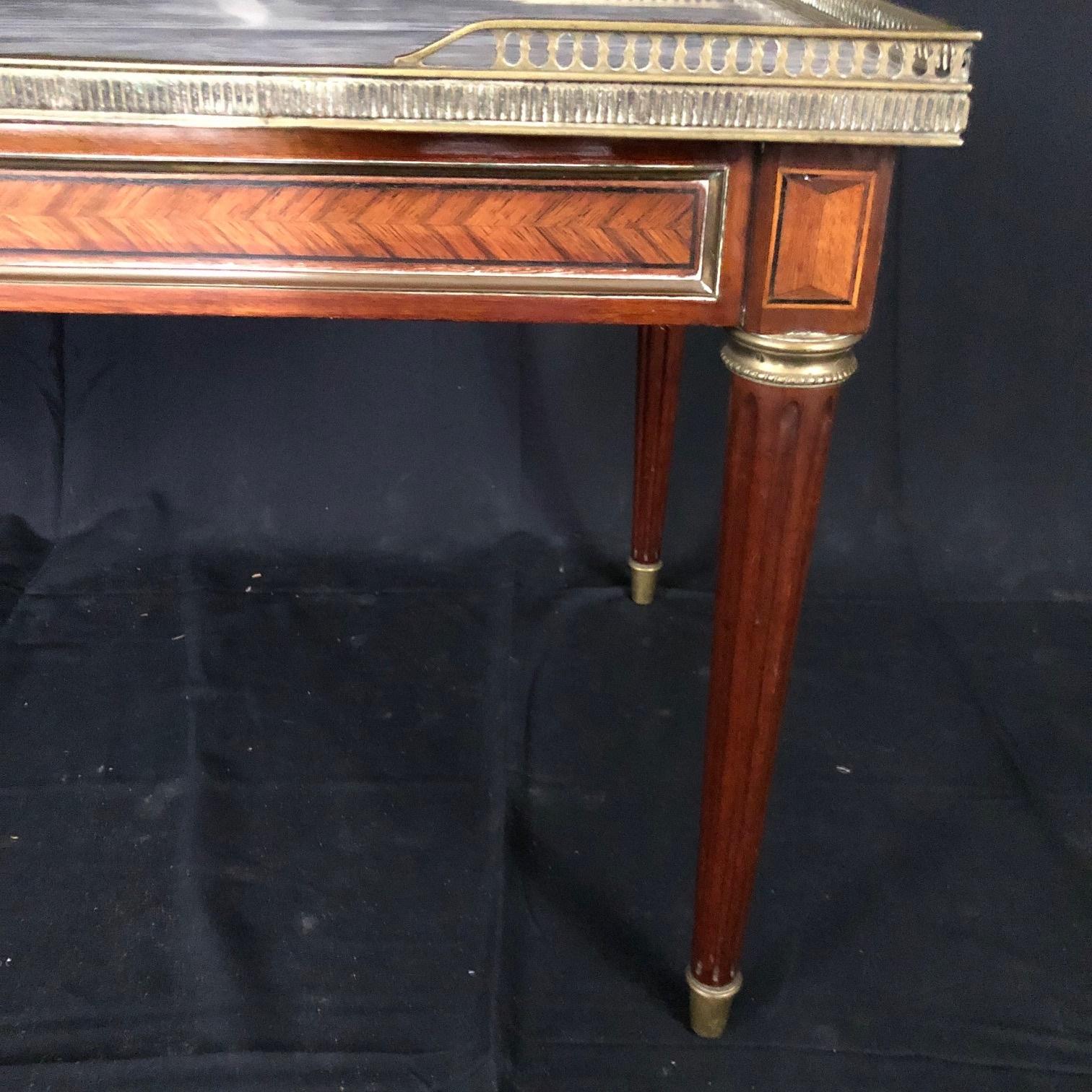 Brass Elegant French Louis XVI Walnut Marble Top Coffee Table