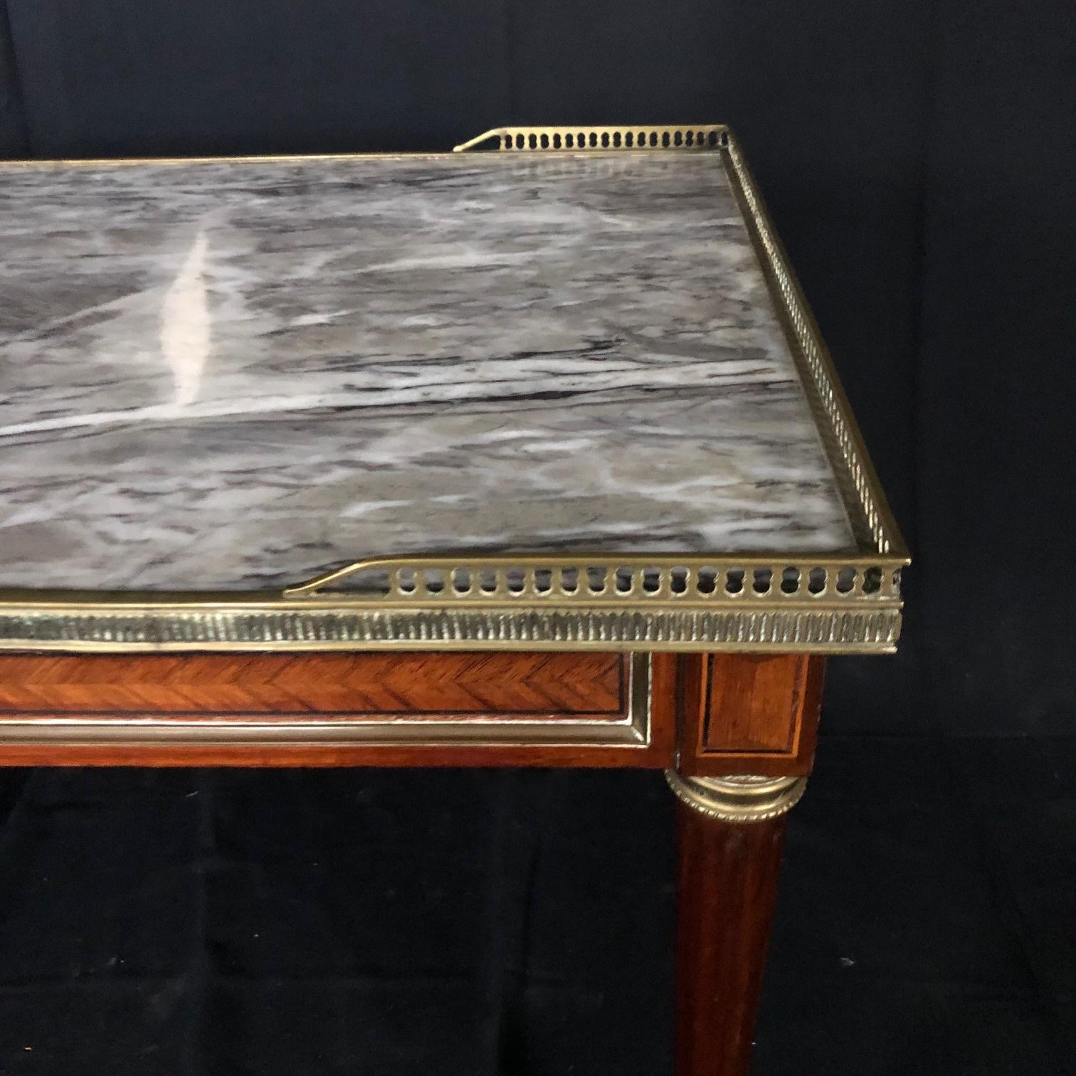 Elegant French Louis XVI Walnut Marble Top Coffee Table 2