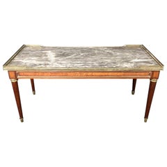 Elegant French Louis XVI Walnut Marble Top Coffee Table
