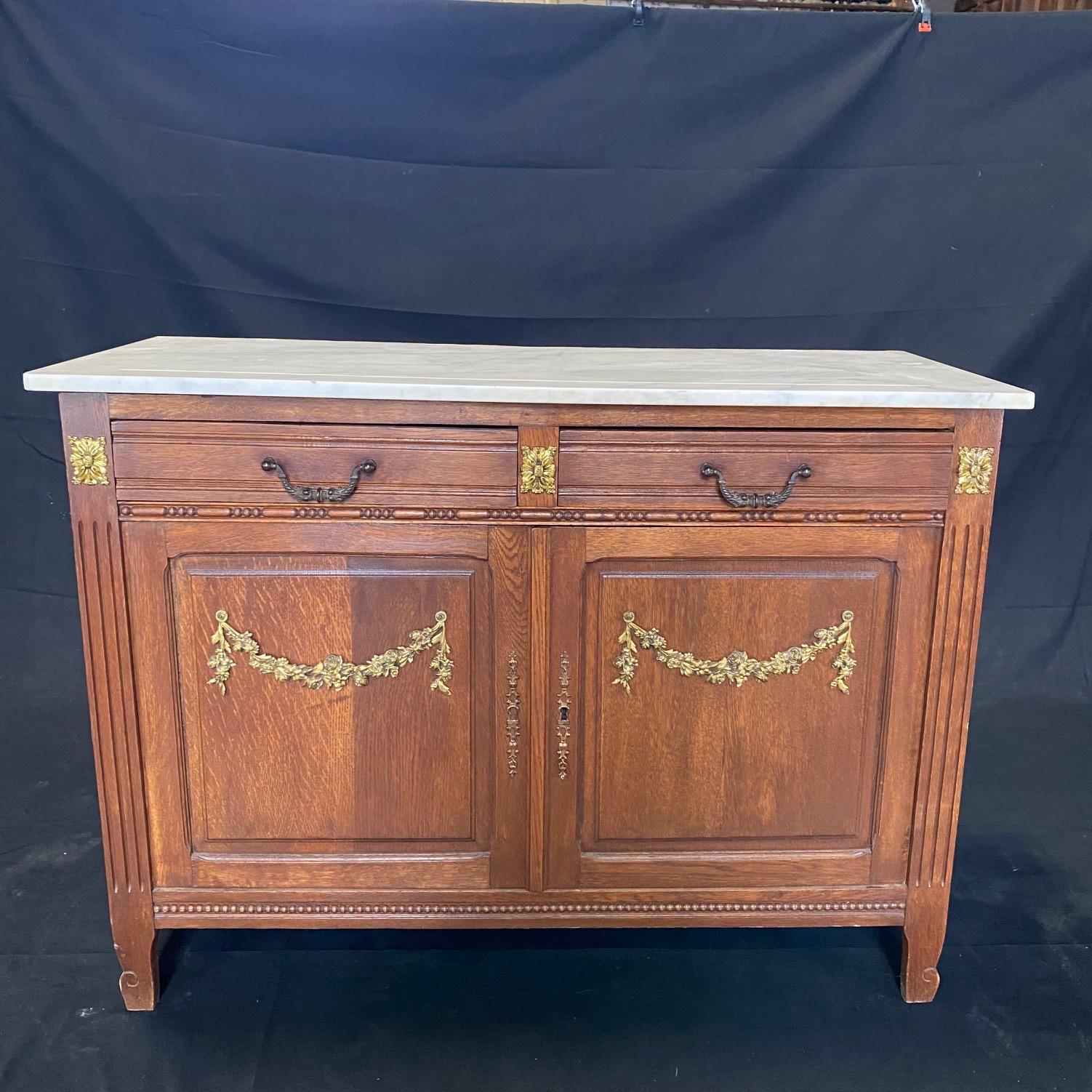 Elegant French Marble Top Oak Sideboard Buffet or Console Cabinet  7