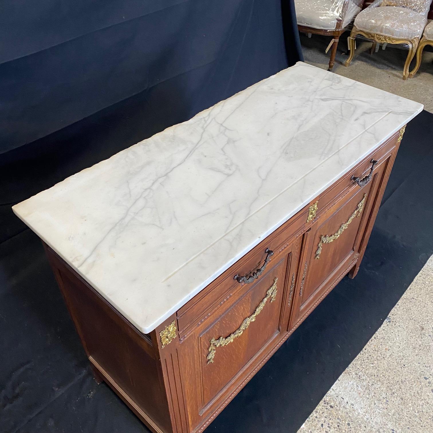 French Provincial Elegant French Marble Top Oak Sideboard Buffet or Console Cabinet 