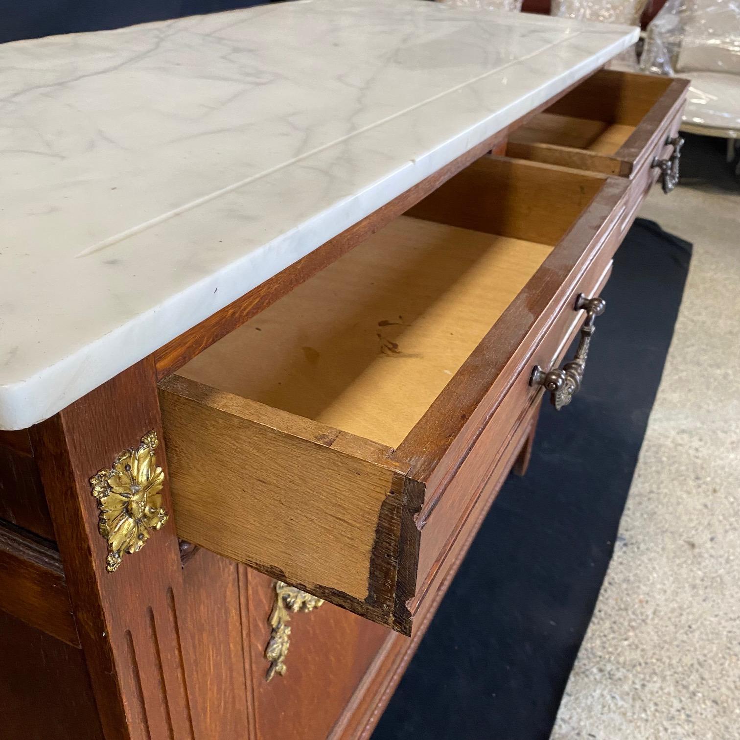 Elegant French Marble Top Oak Sideboard Buffet or Console Cabinet  In Good Condition In Hopewell, NJ