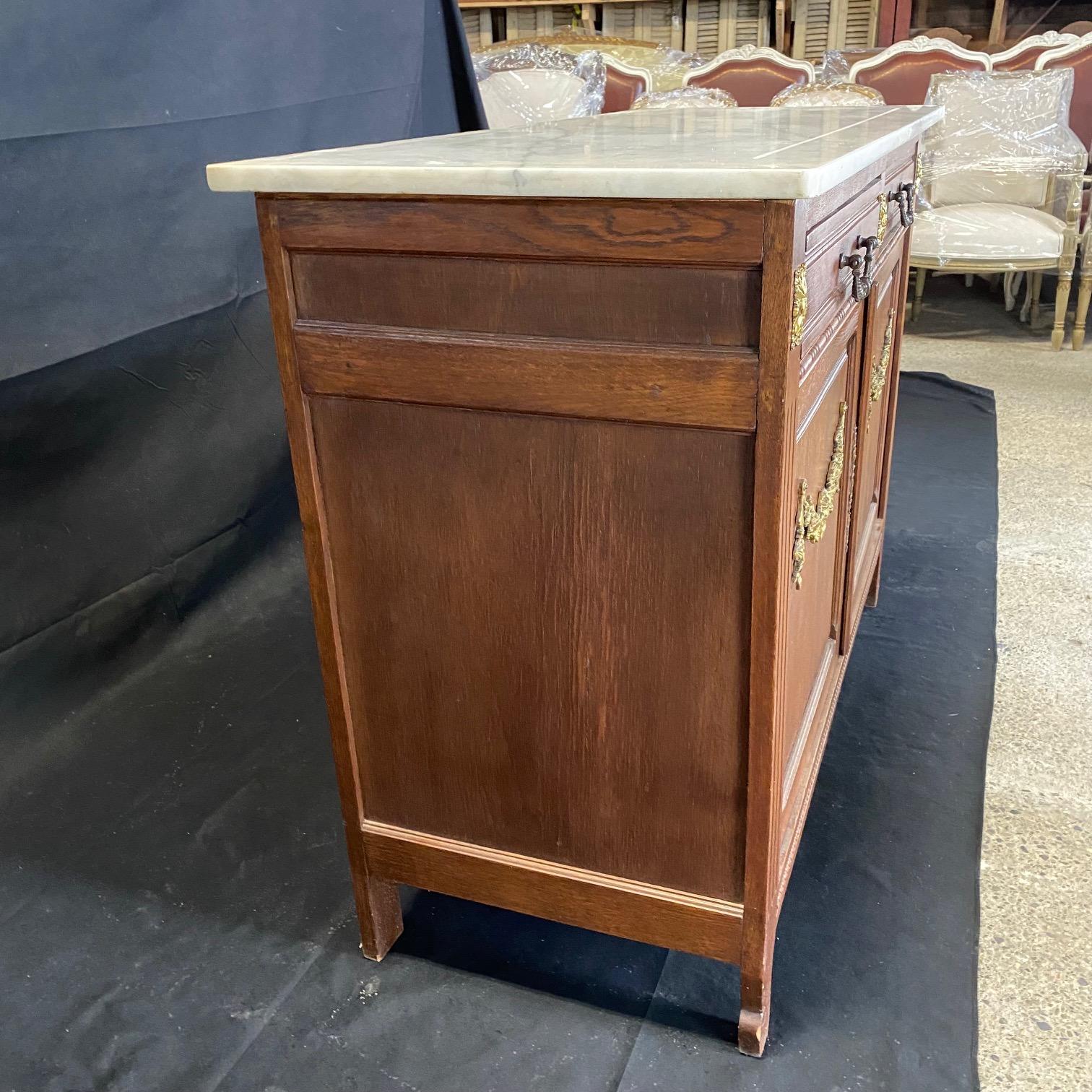 19th Century Elegant French Marble Top Oak Sideboard Buffet or Console Cabinet 