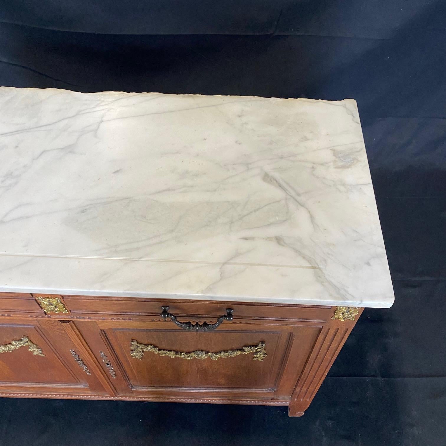 Elegant French Marble Top Oak Sideboard Buffet or Console Cabinet  2
