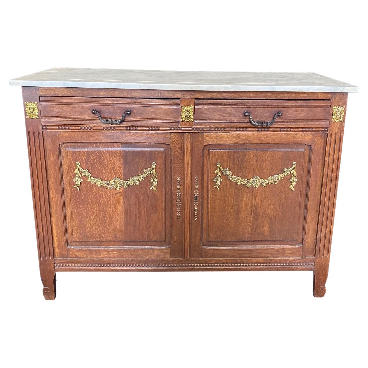 Elegant French Marble Top Oak Sideboard Buffet or Console Cabinet 