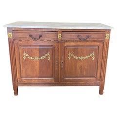 Elegant French Marble Top Oak Sideboard Buffet or Console Cabinet 