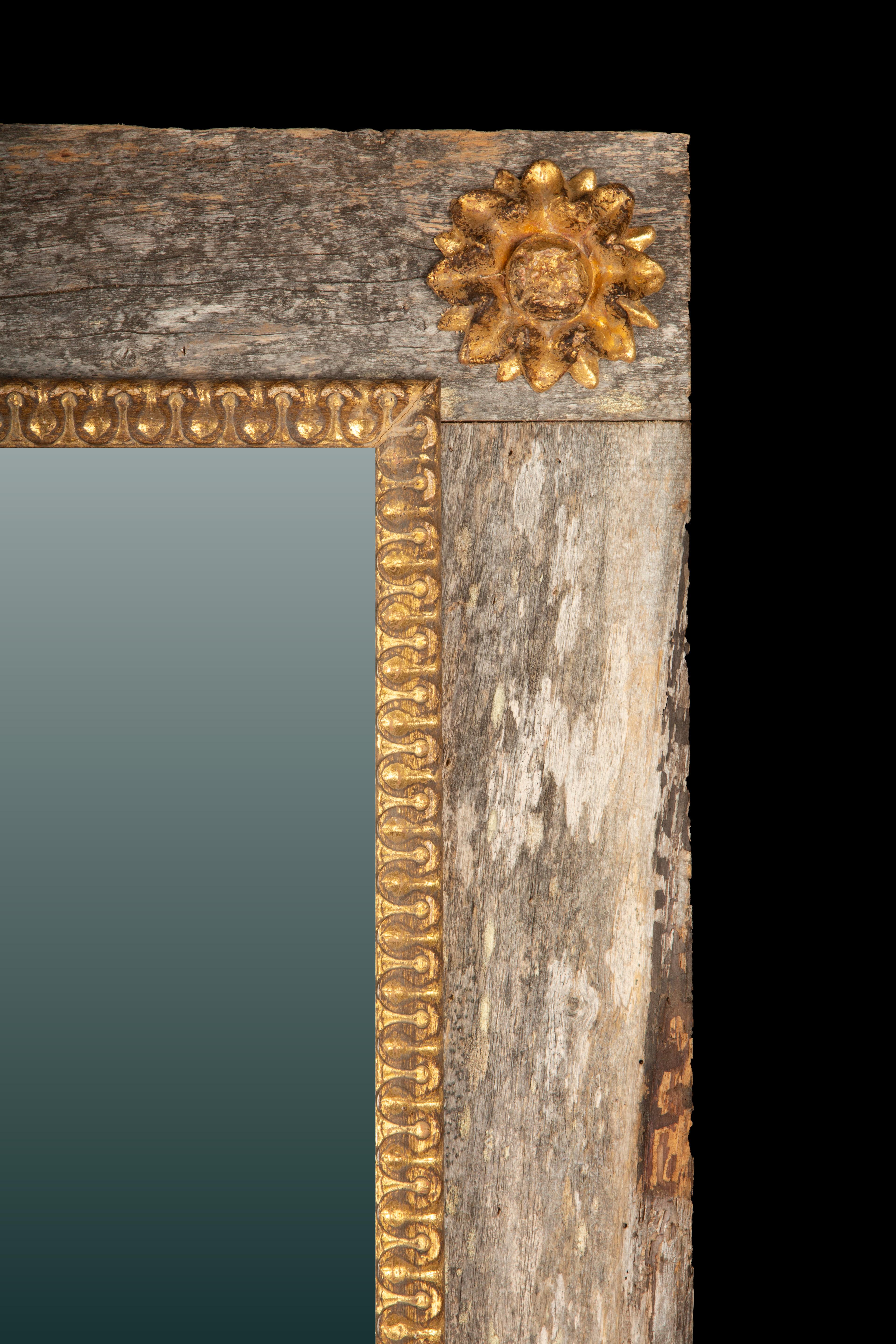 French Provincial Elegant French Mirror with Rustic Wood Frame and Gilded Accents- Contemporary For Sale