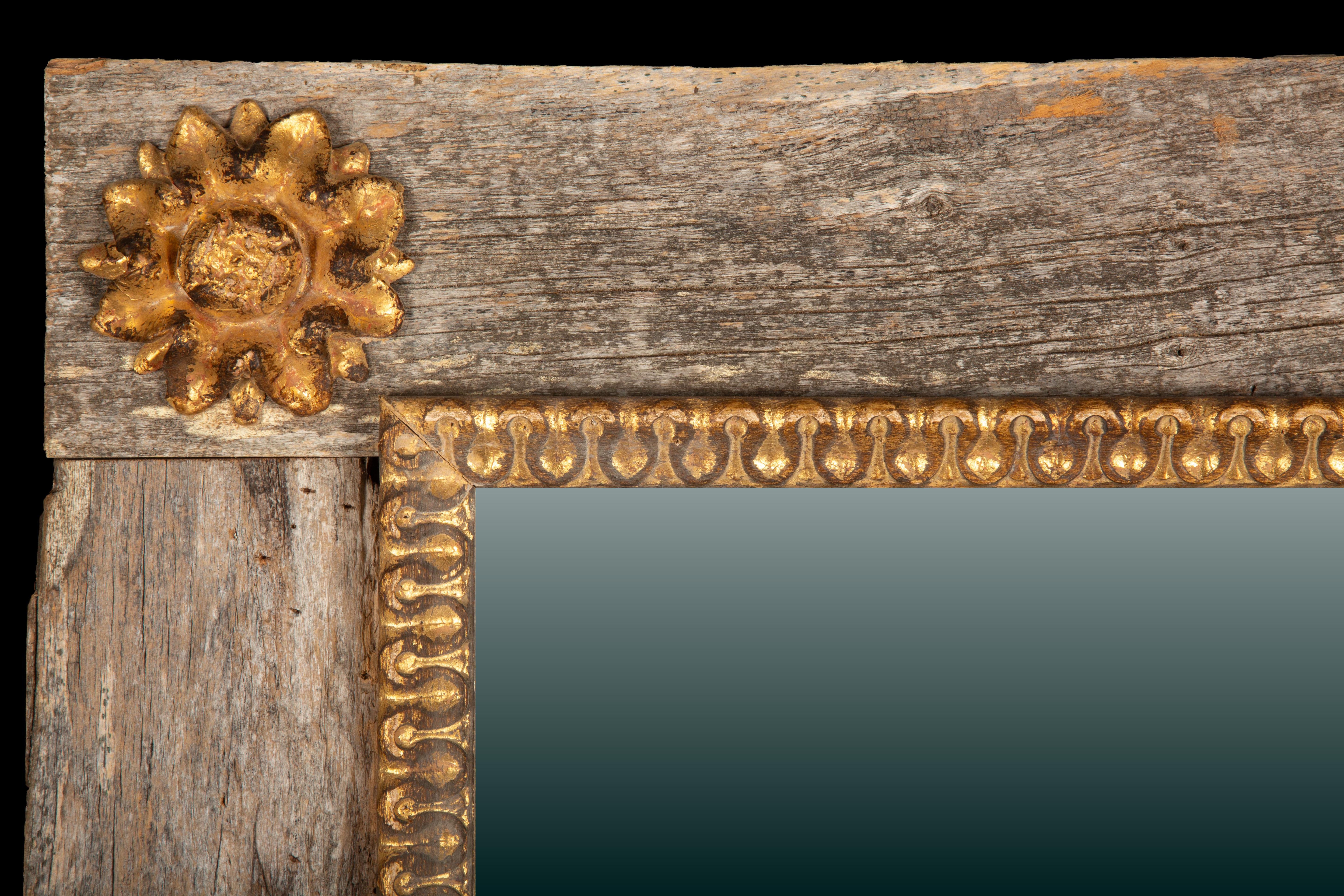 Elegant French Mirror with Rustic Wood Frame and Gilded Accents- Contemporary In New Condition For Sale In New York, NY