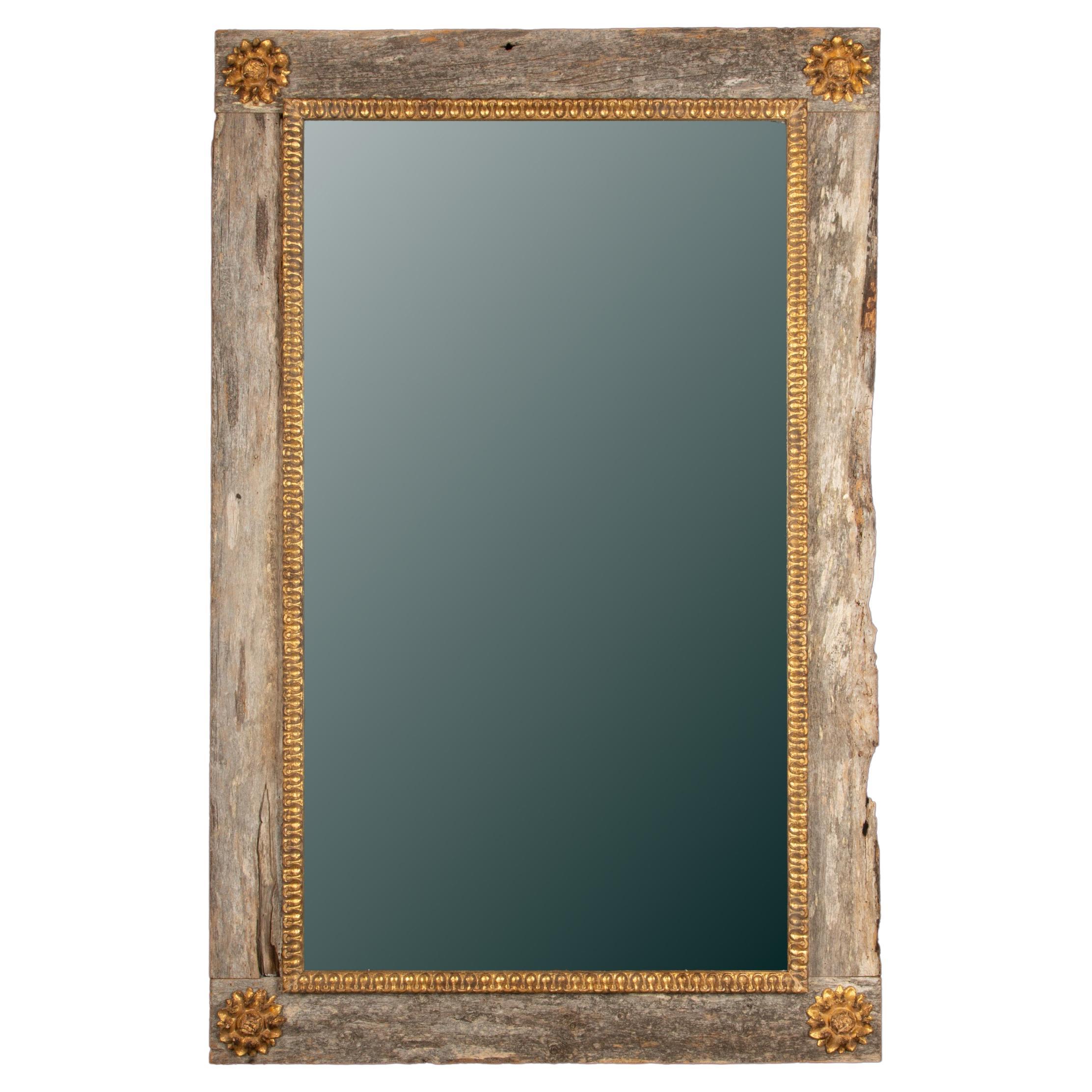 Elegant French Mirror with Rustic Wood Frame and Gilded Accents- Contemporary For Sale