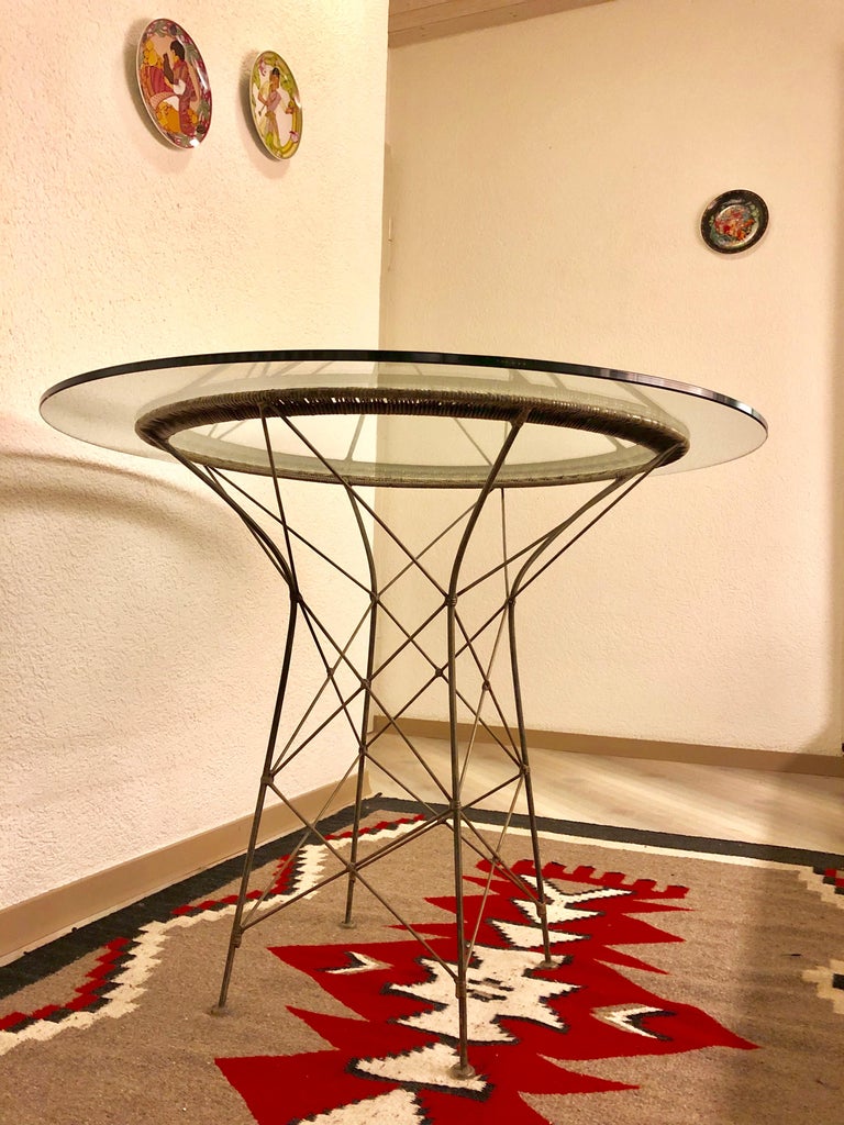 French Natural Wicker Round Dining Glass Table Wrought Iron ON SALE For Sale at 1stdibs