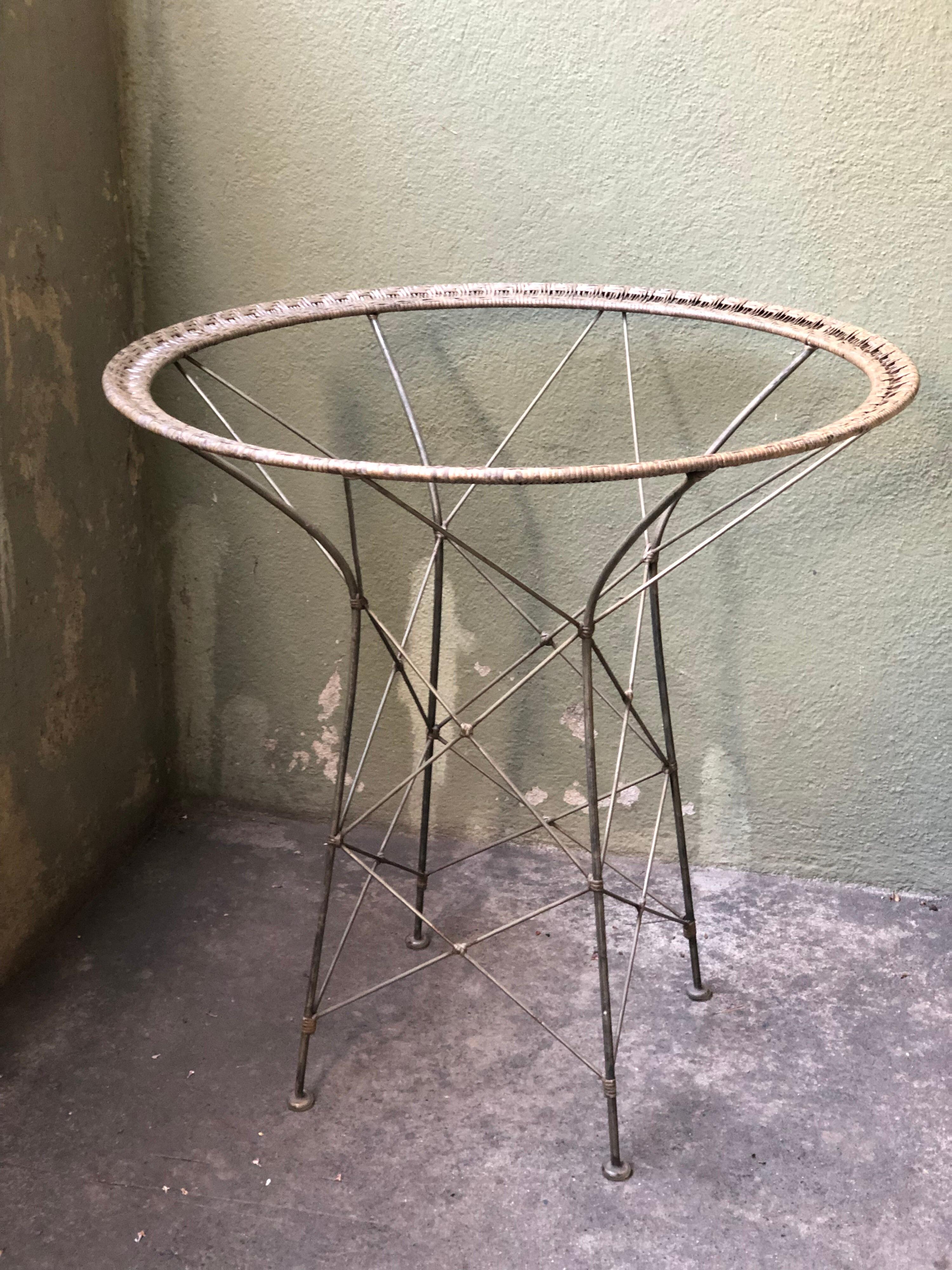 Mid-Century Modern French Natural Wicker Round Dining Glass Table Wrought Iron ON SALE 