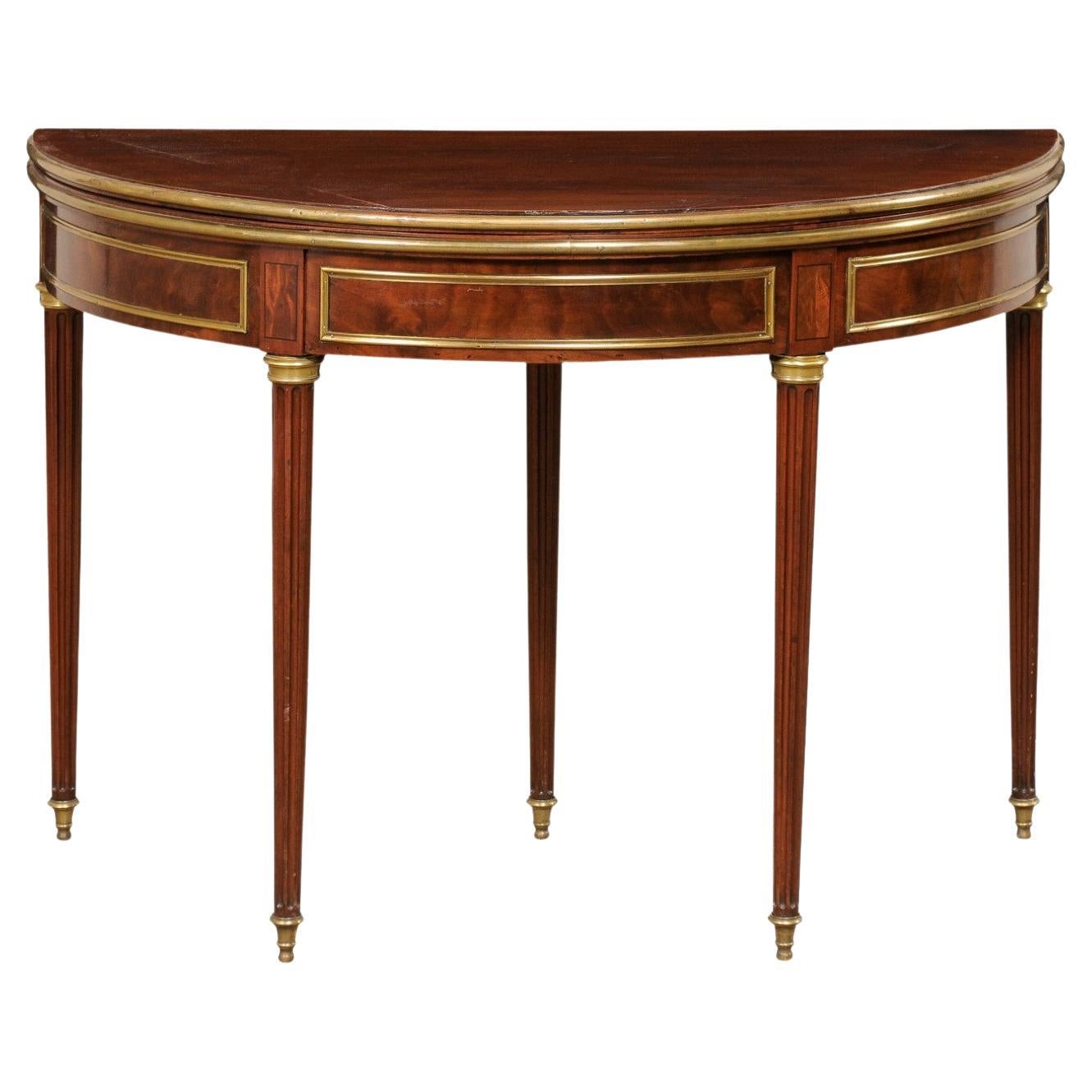  Elegant French Neoclassical Demi-to-round Table W/ Brass Accents, 19th C. 