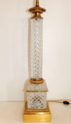 Elegant French Pair of Dore Bronze Cut Crystal Ormolu Column Neoclassical Lamps