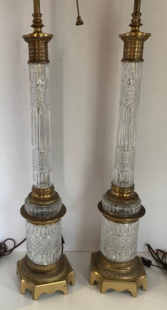 Fine French Pair Doré Bronze Baccarat Crystal Ormolu Column Neoclassical Lamps