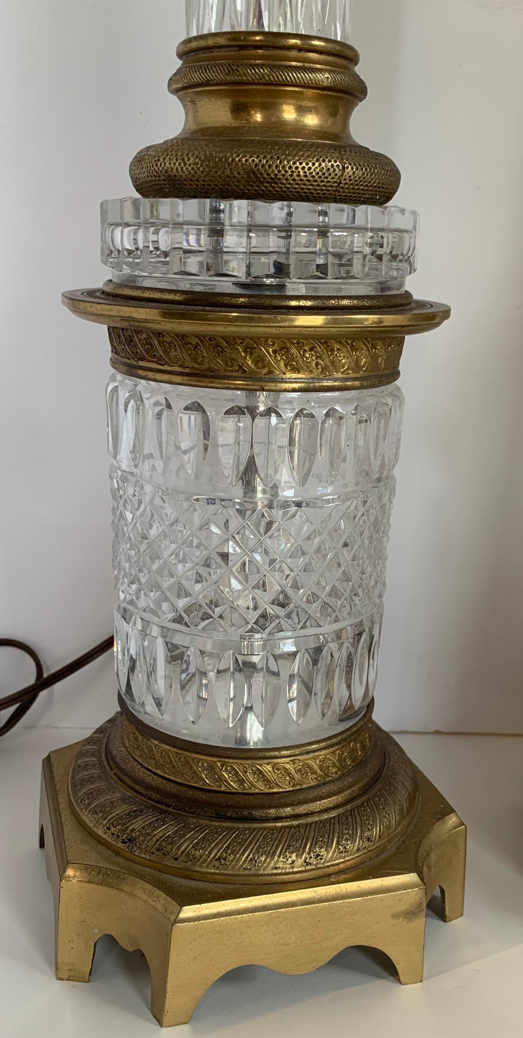 Etched Fine French Pair Doré Bronze Baccarat Crystal Ormolu Column Neoclassical Lamps