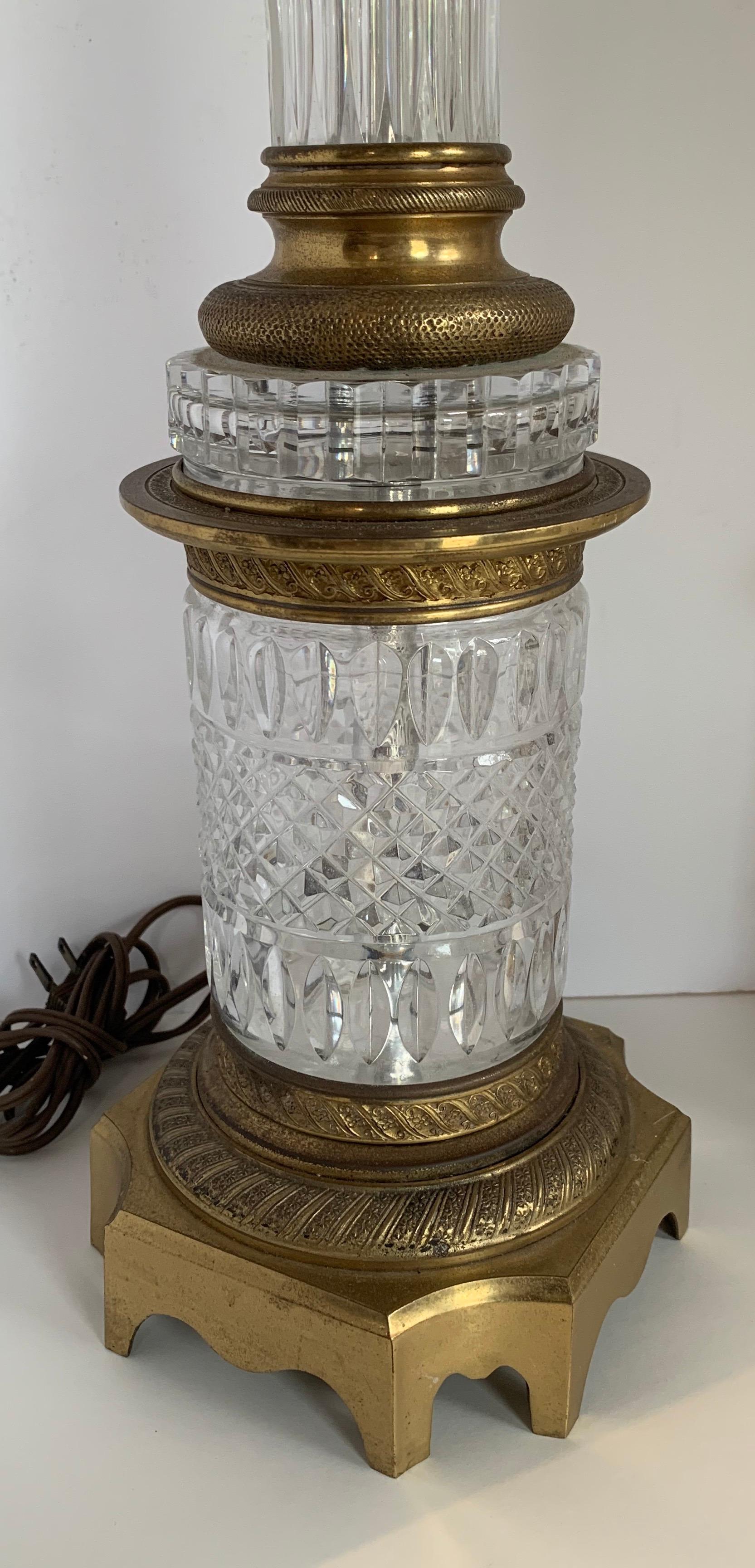 Fine French Pair Doré Bronze Baccarat Crystal Ormolu Column Neoclassical Lamps In Good Condition In Roslyn, NY