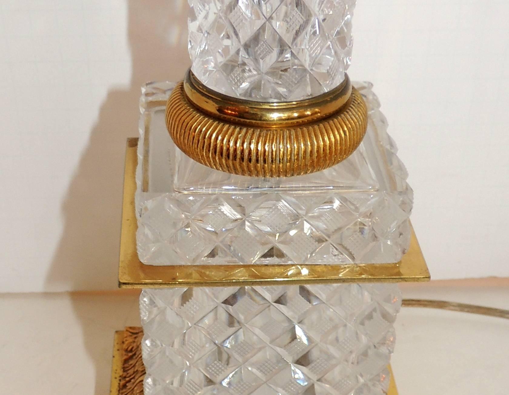 Elegant French Pair of Dore Bronze Cut Crystal Ormolu Column Neoclassical Lamps 1