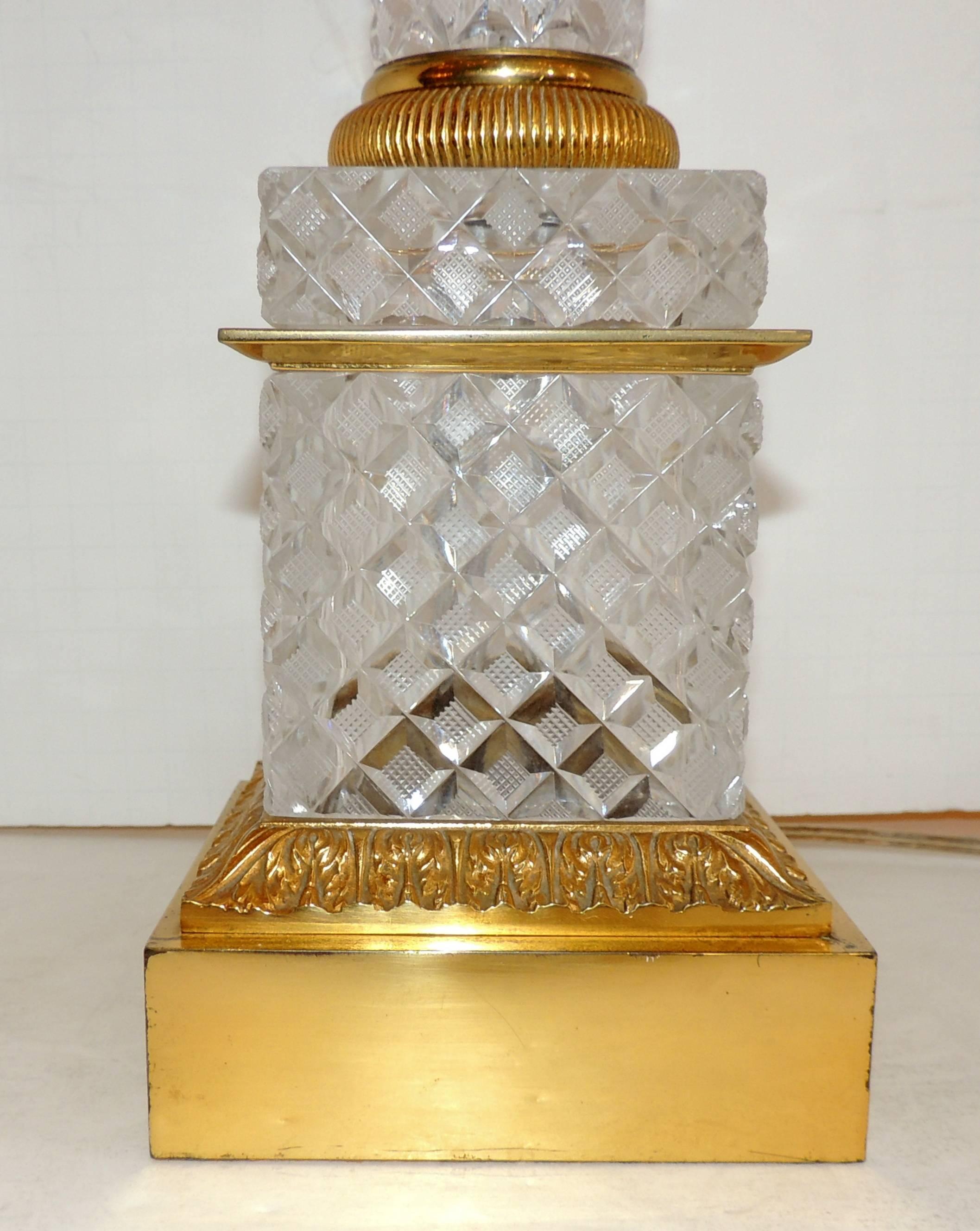 Elegant French Pair of Dore Bronze Cut Crystal Ormolu Column Neoclassical Lamps 2