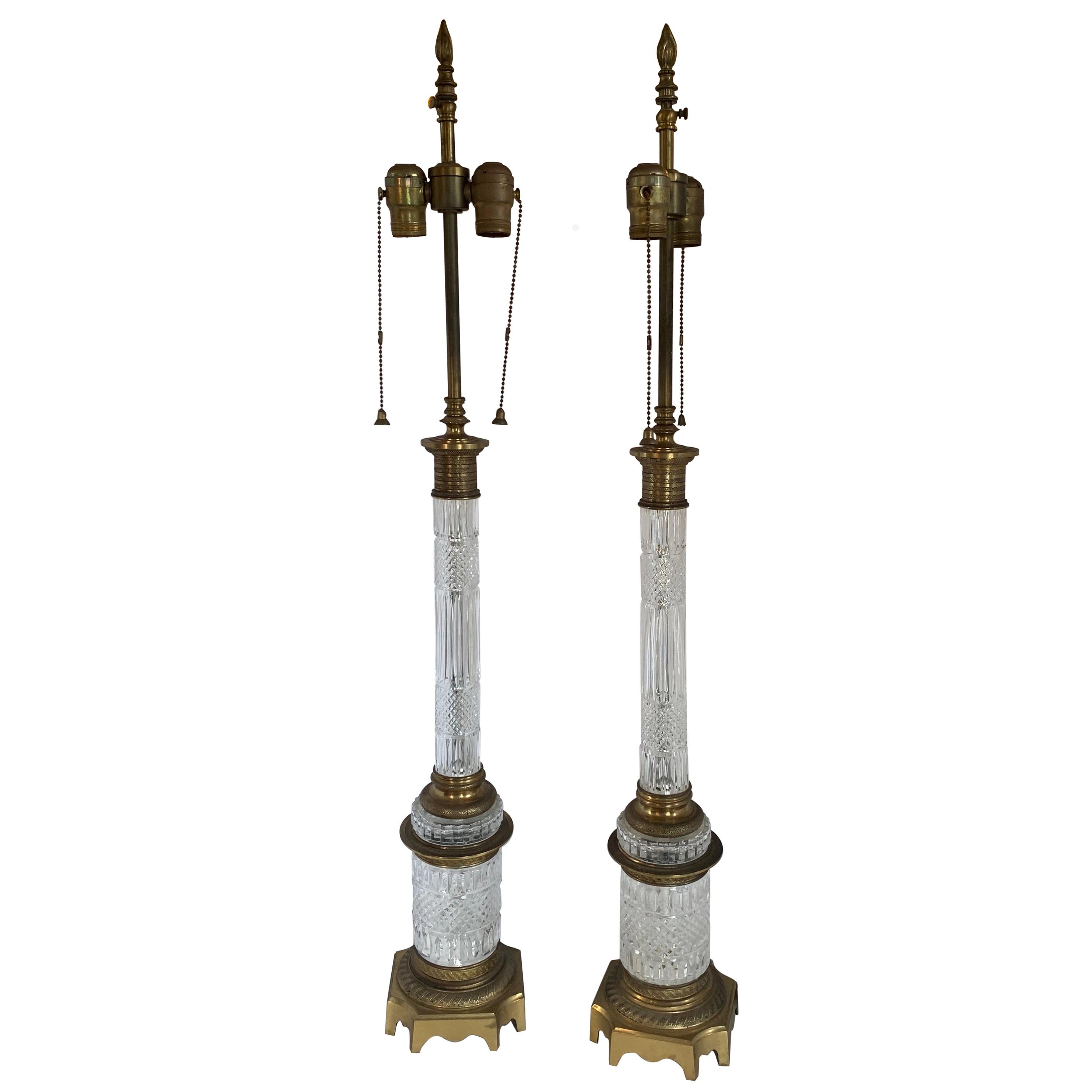 Fine French Pair Doré Bronze Baccarat Crystal Ormolu Column Neoclassical Lamps