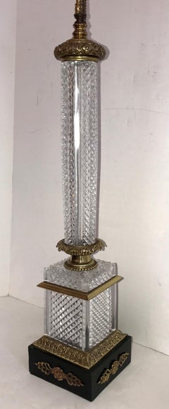 Elegant French Pair of Doré Bronze Cut Crystal Ormolu Column Neoclassical Lamps
