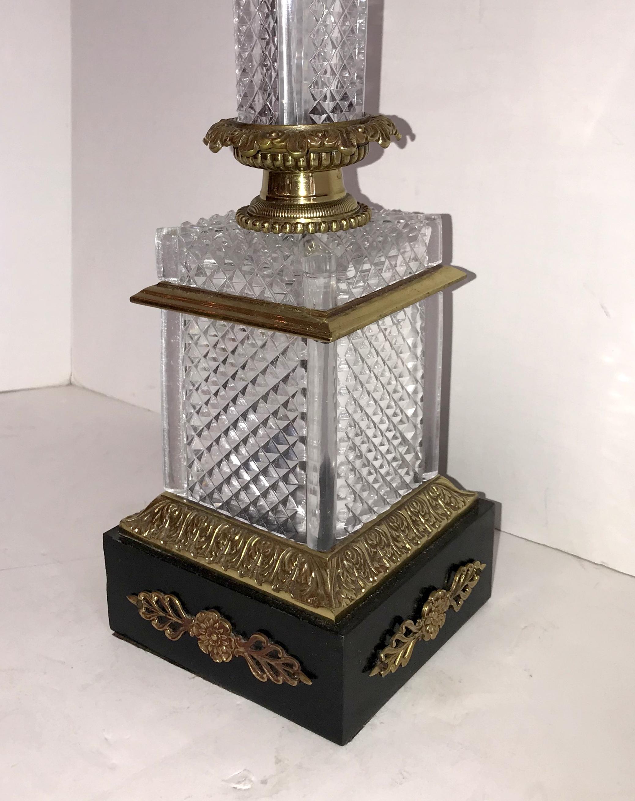 Belle Époque Elegant French Pair of Doré Bronze Cut Crystal Ormolu Column Neoclassical Lamps