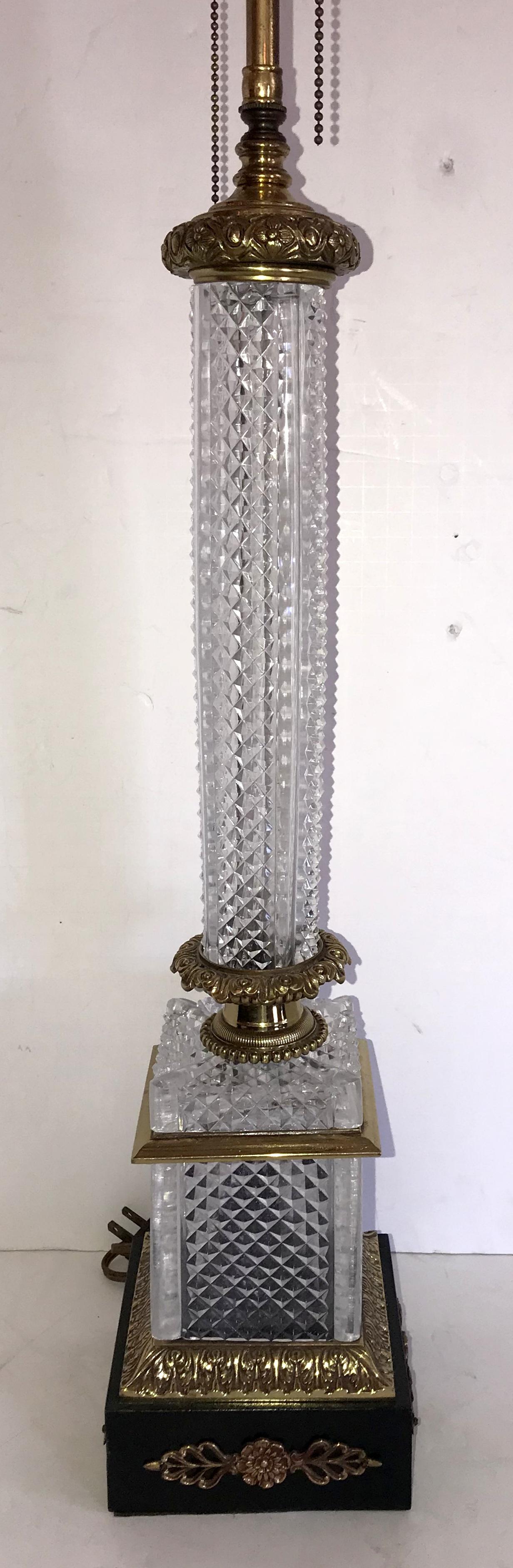 Elegant French Pair of Doré Bronze Cut Crystal Ormolu Column Neoclassical Lamps 1