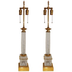 Elegant French Pair of Dore Bronze Cut Crystal Ormolu Column Neoclassical Lamps