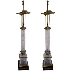 Elegant French Pair of Doré Bronze Cut Crystal Ormolu Column Neoclassical Lamps