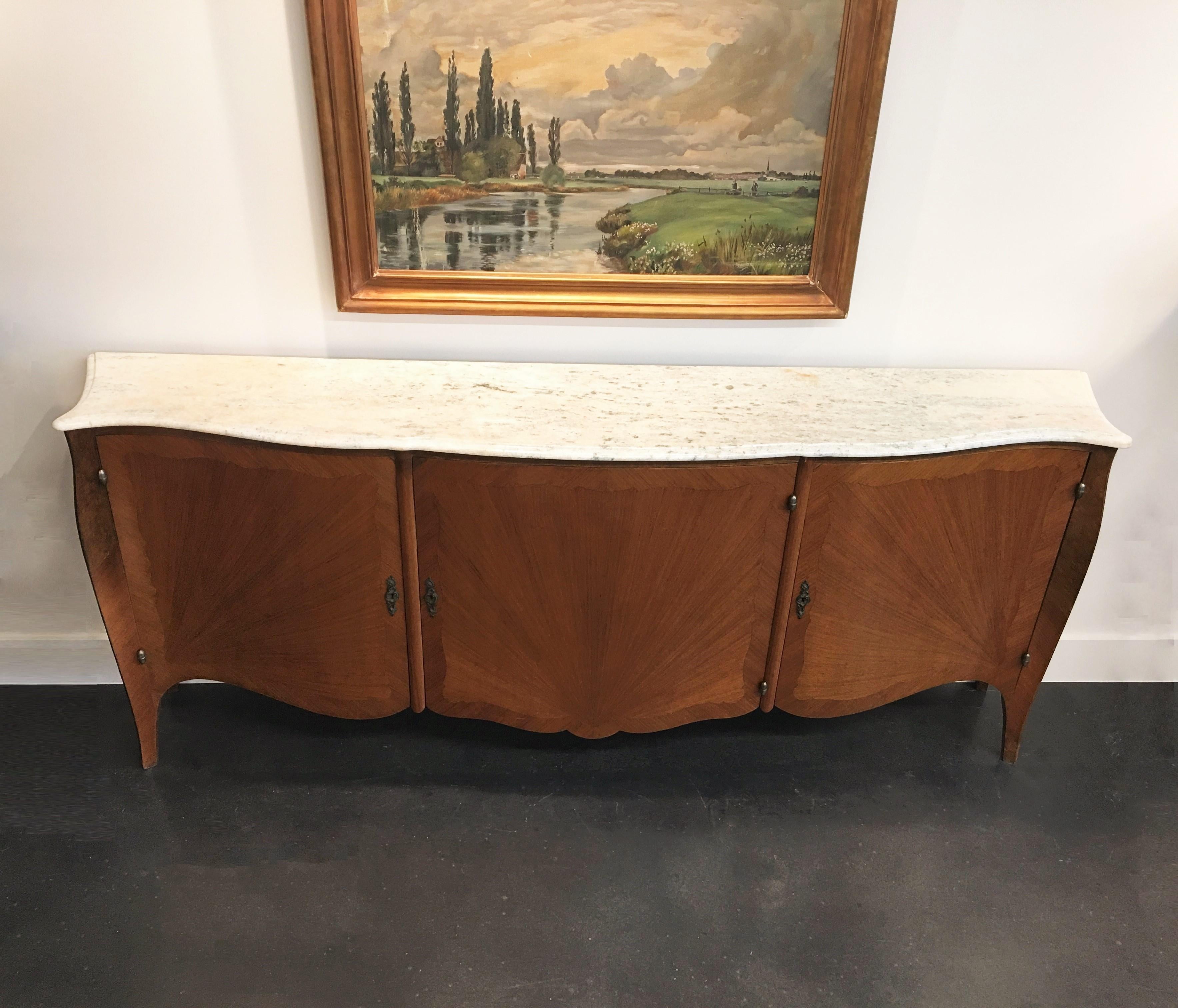 Elegant French Parquetry Three-Door Marble-Top Buffet or Sideboard In Good Condition In Dallas, TX