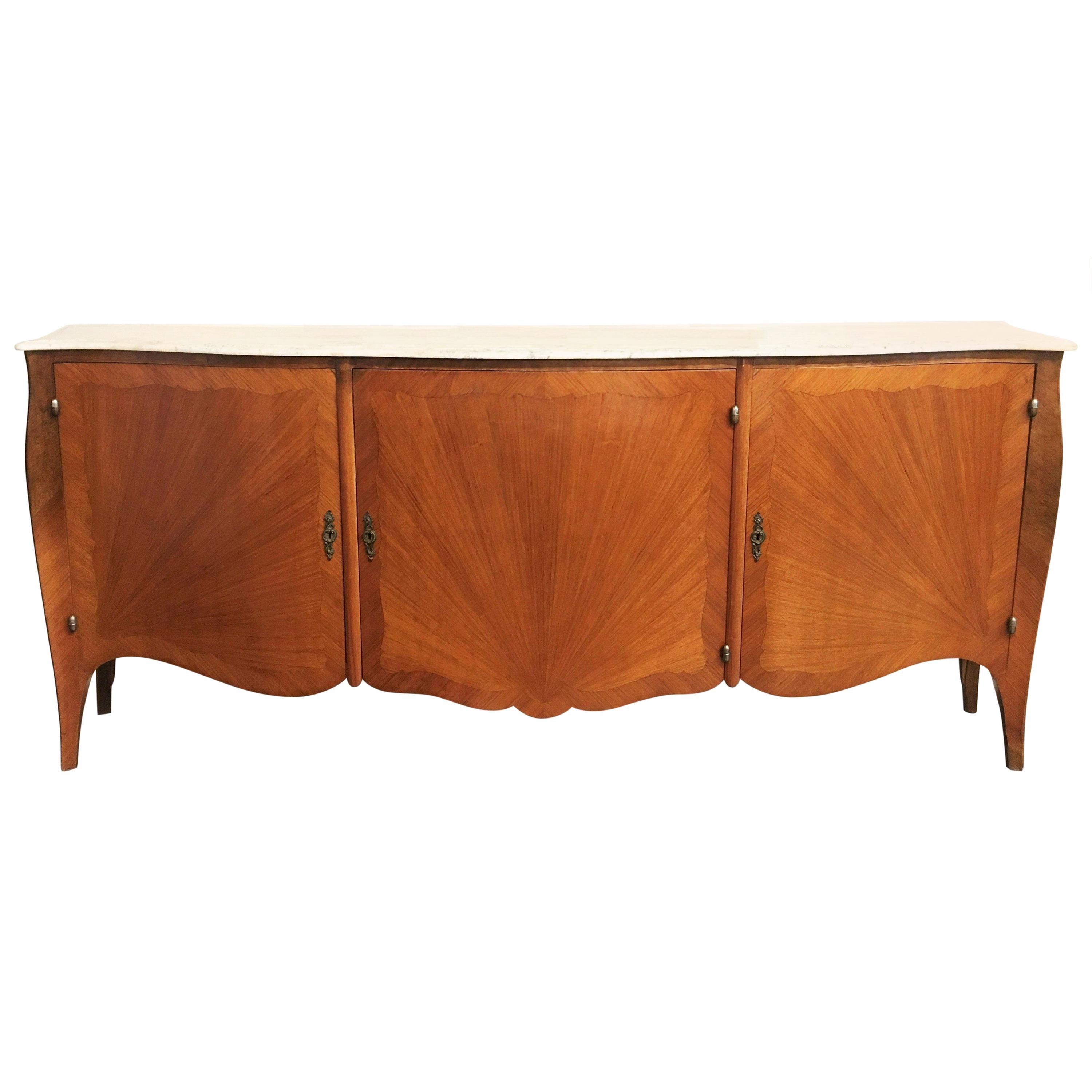 Elegant French Parquetry Three-Door Marble-Top Buffet or Sideboard