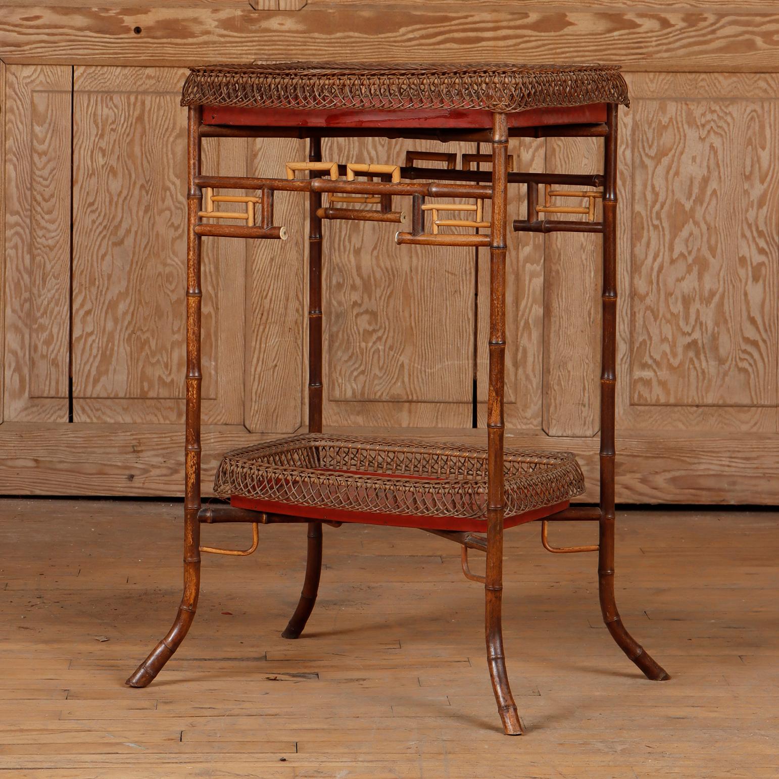 Anglo-Japanese Elegant French rattan and lacquered wood table C 1920 in the Japanese style.