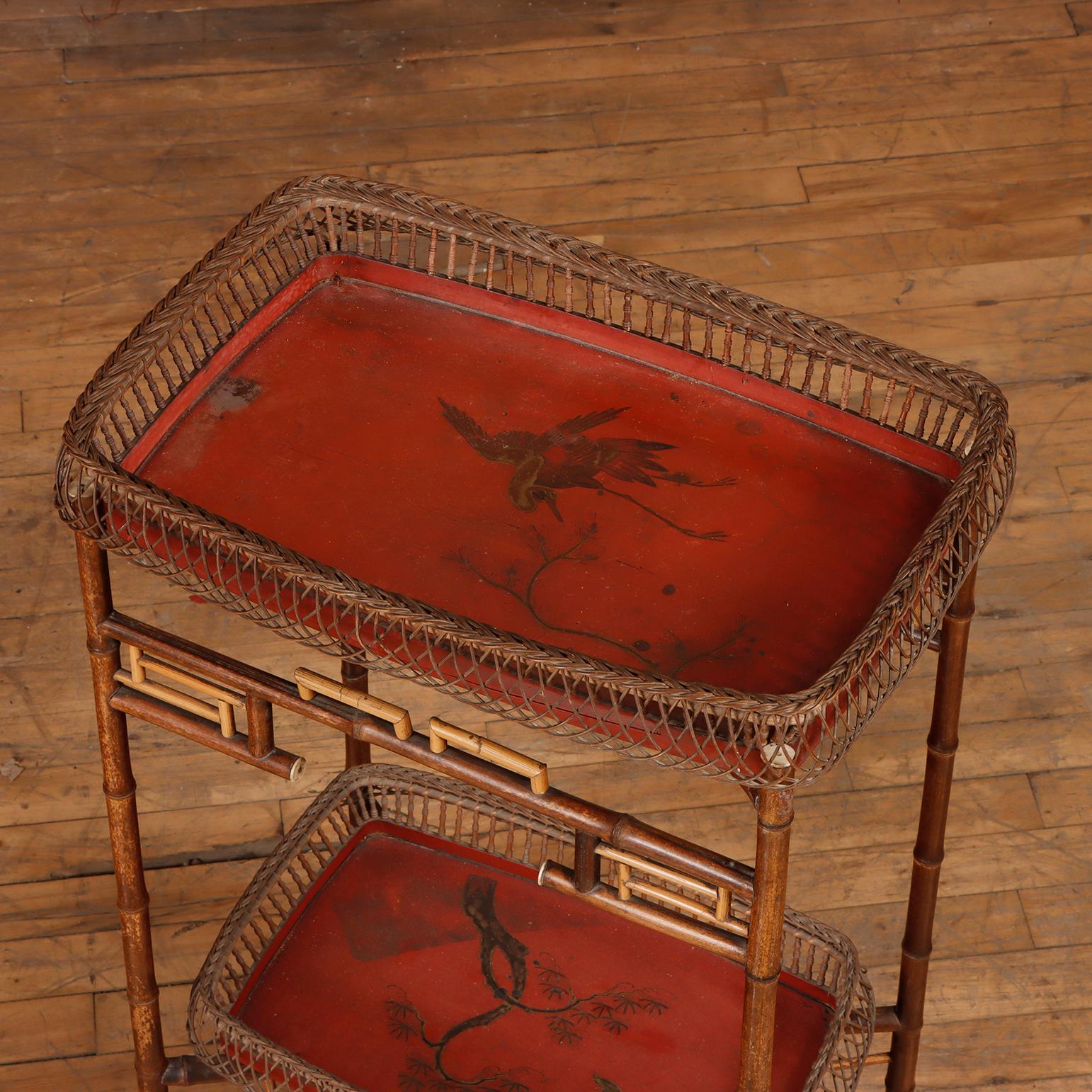 Elegant French rattan and lacquered wood table C 1920 in the Japanese style. In Good Condition In Philadelphia, PA