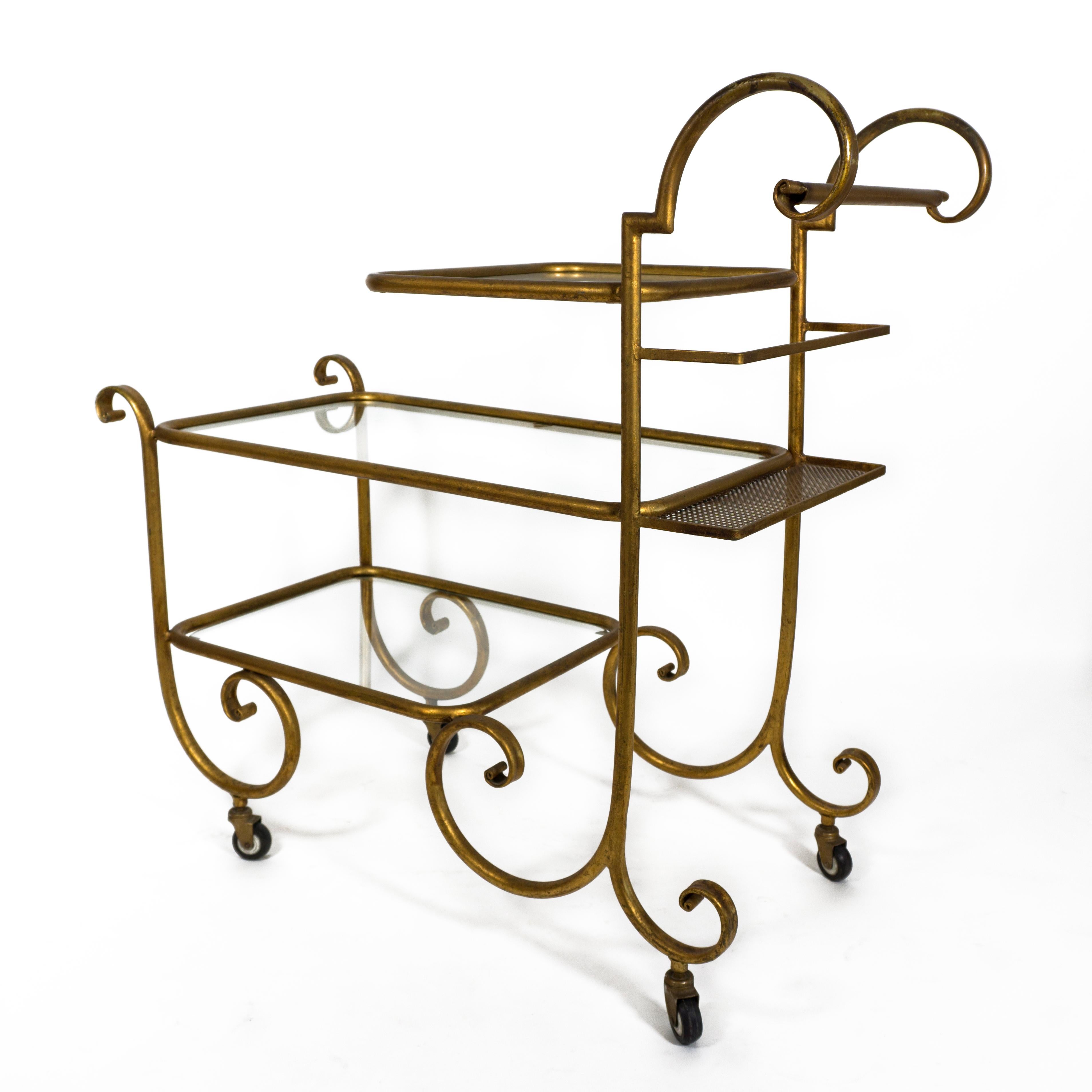 Hollywood Regency Elegant French Serving Trolley Gilt Glass Tired Bar Cart from the 1960s 1970 For Sale