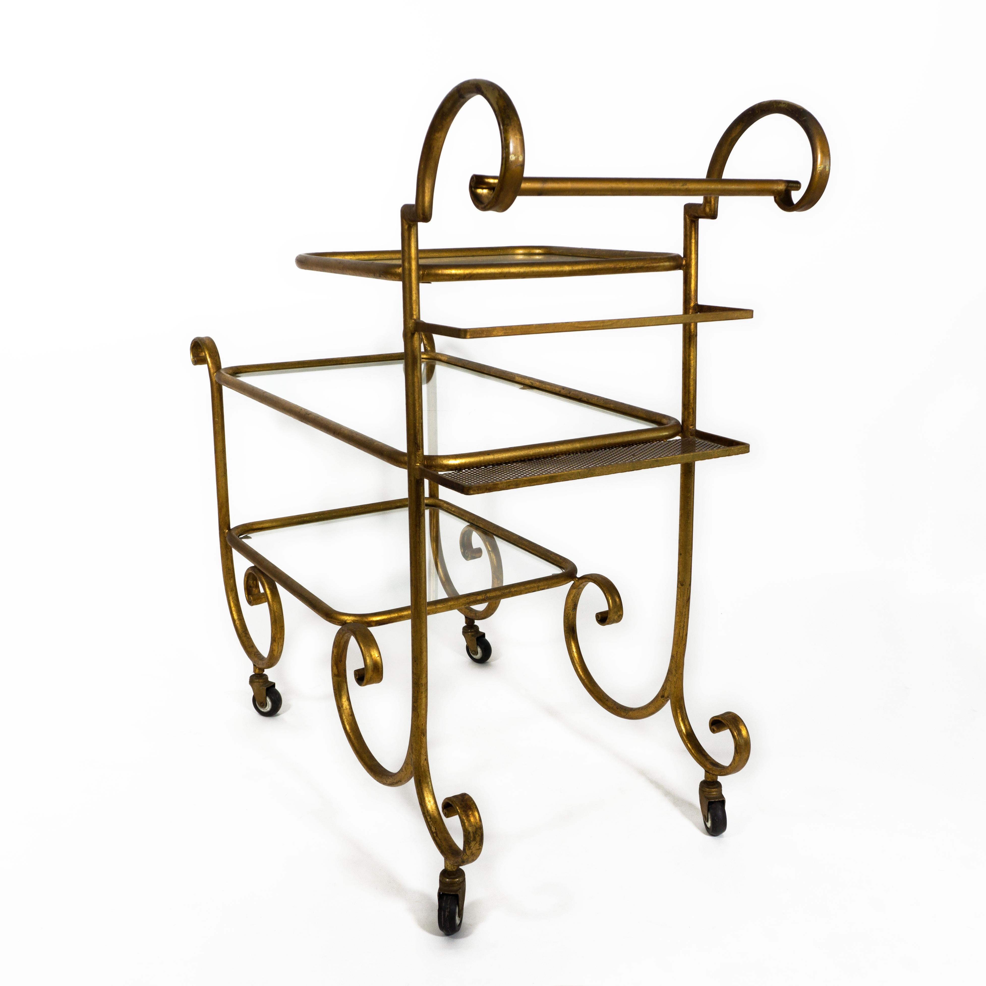 Elegant French Serving Trolley Gilt Glass Tired Bar Cart from the 1960s 1970 In Good Condition For Sale In Regensburg, DE