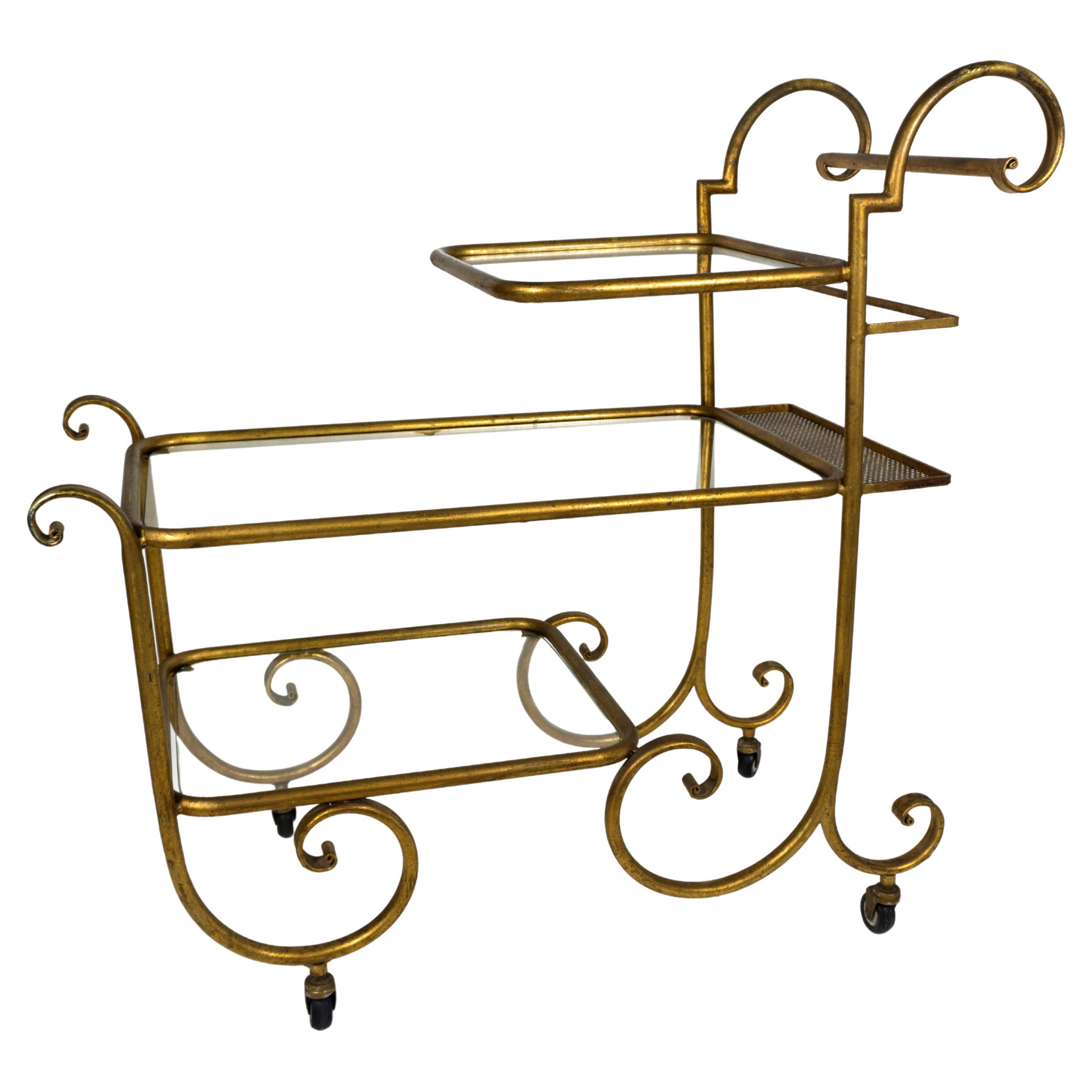 Elegant French Serving Trolley Gilt Glass Tired Bar Cart from the 1960s 1970 For Sale