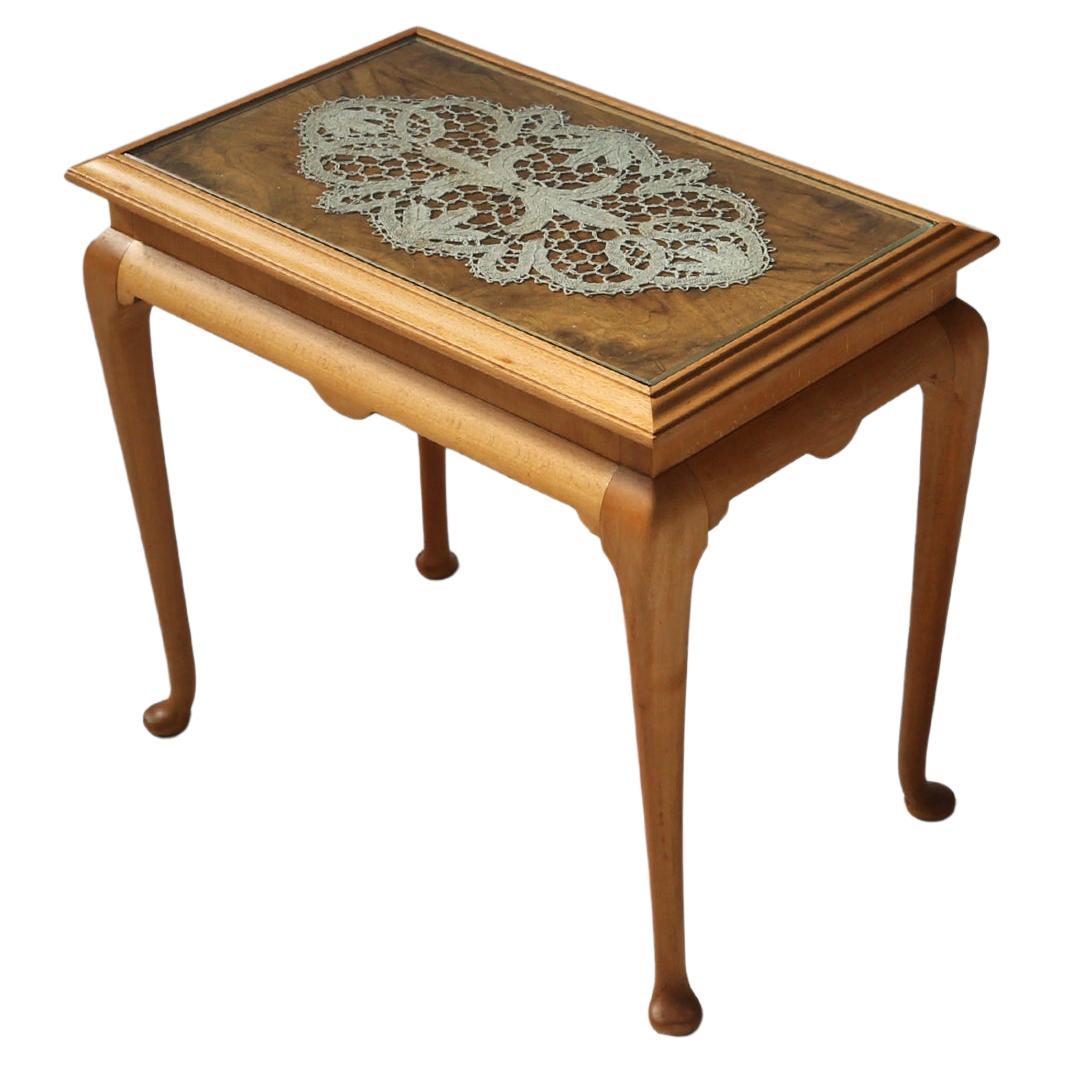 Elegant French side table in beech wood with lace inlay and glass top, 1950s For Sale